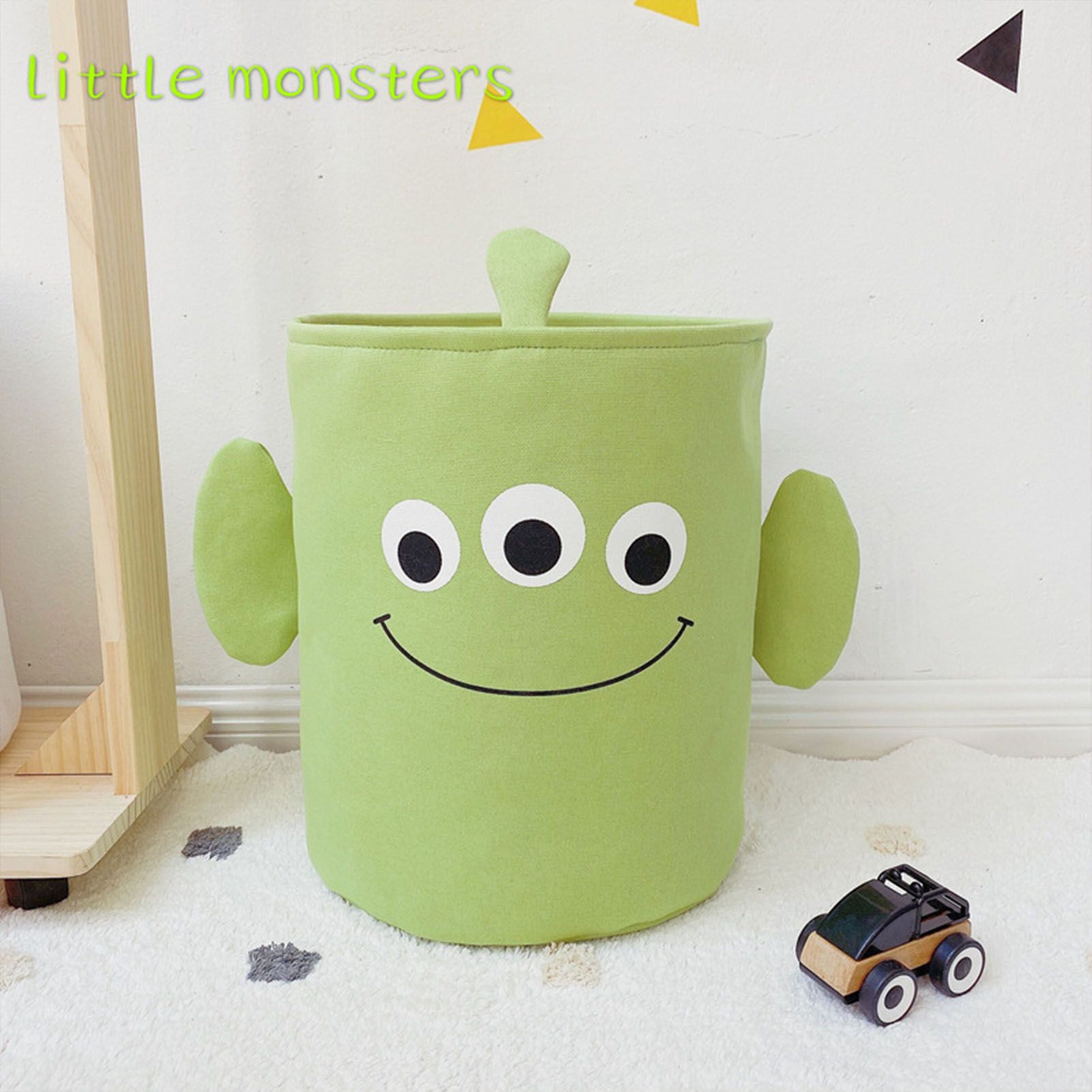Fabric Storage Basket Collapsible Waterproof Cartoon Canvas Toy Organizer Laundry Basket for Playroom Bedroom Green Monster Three Layers Thickened 35x40cm / 13.8x15.7in - Image 5