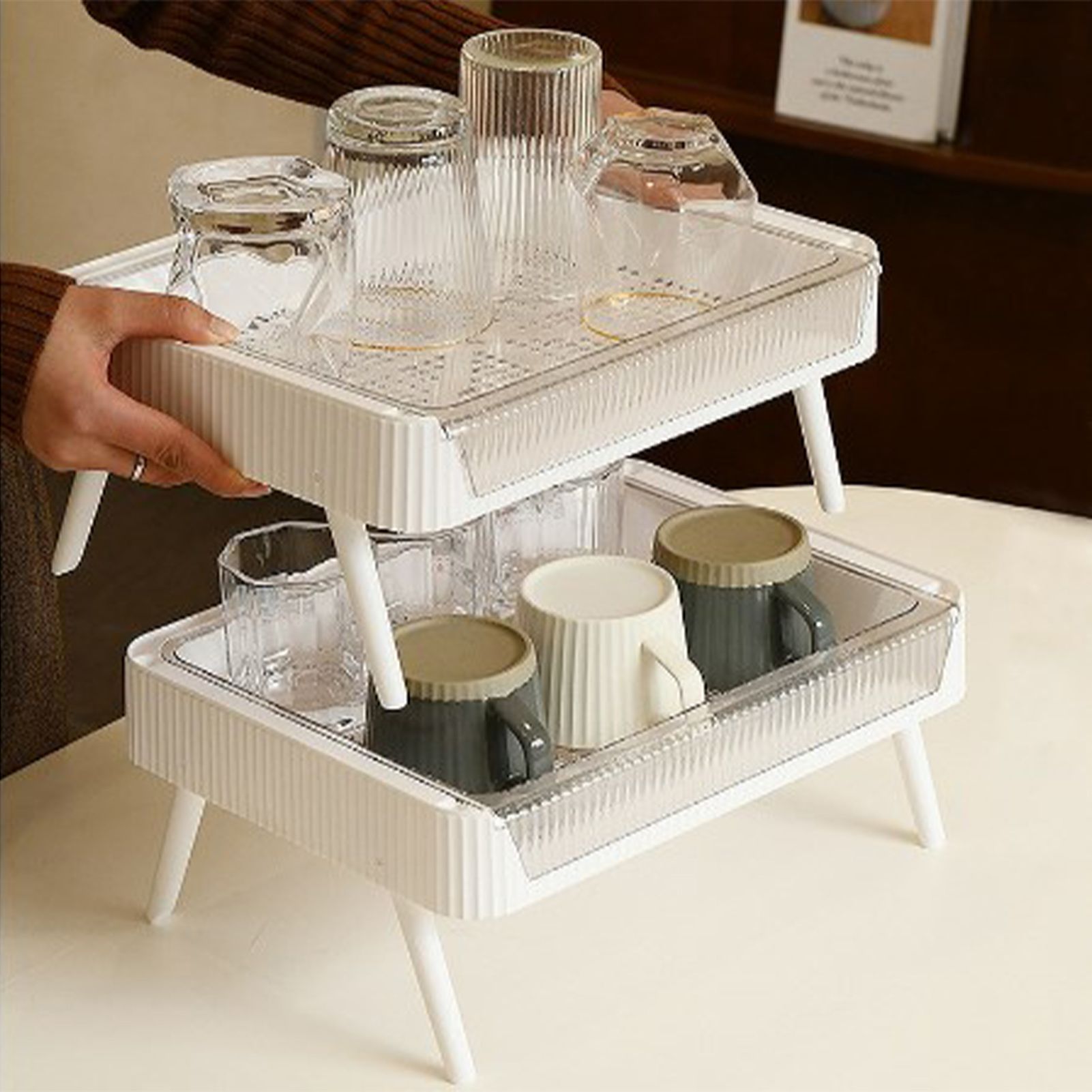 Food Preparation Plate Stackable Foldable Double Layer Hollow Drainage Hot Pot Serving Tray for Kitchen L - Image 5