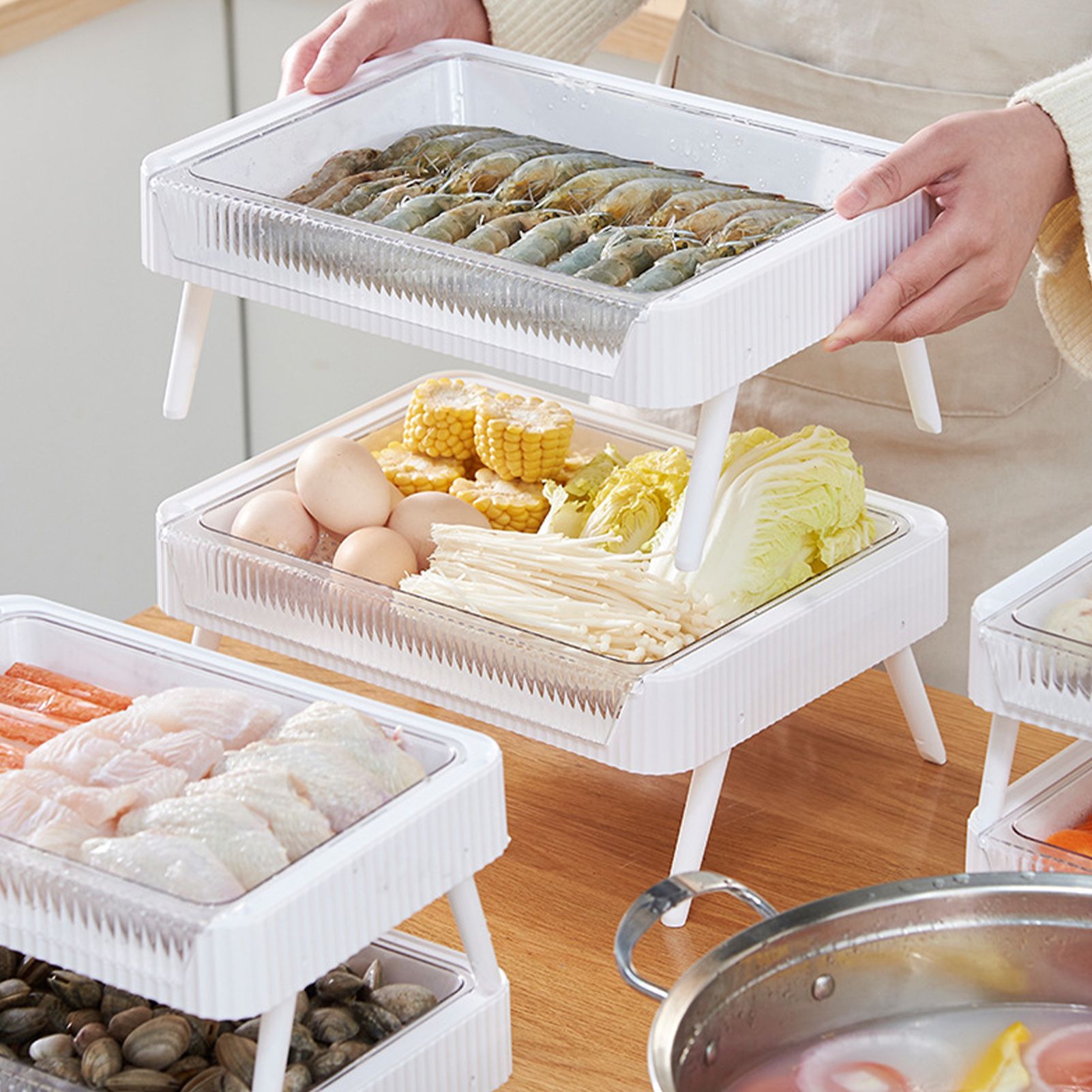 Food Preparation Plate Stackable Foldable Double Layer Hollow Drainage Hot Pot Serving Tray for Kitchen L - Image 6