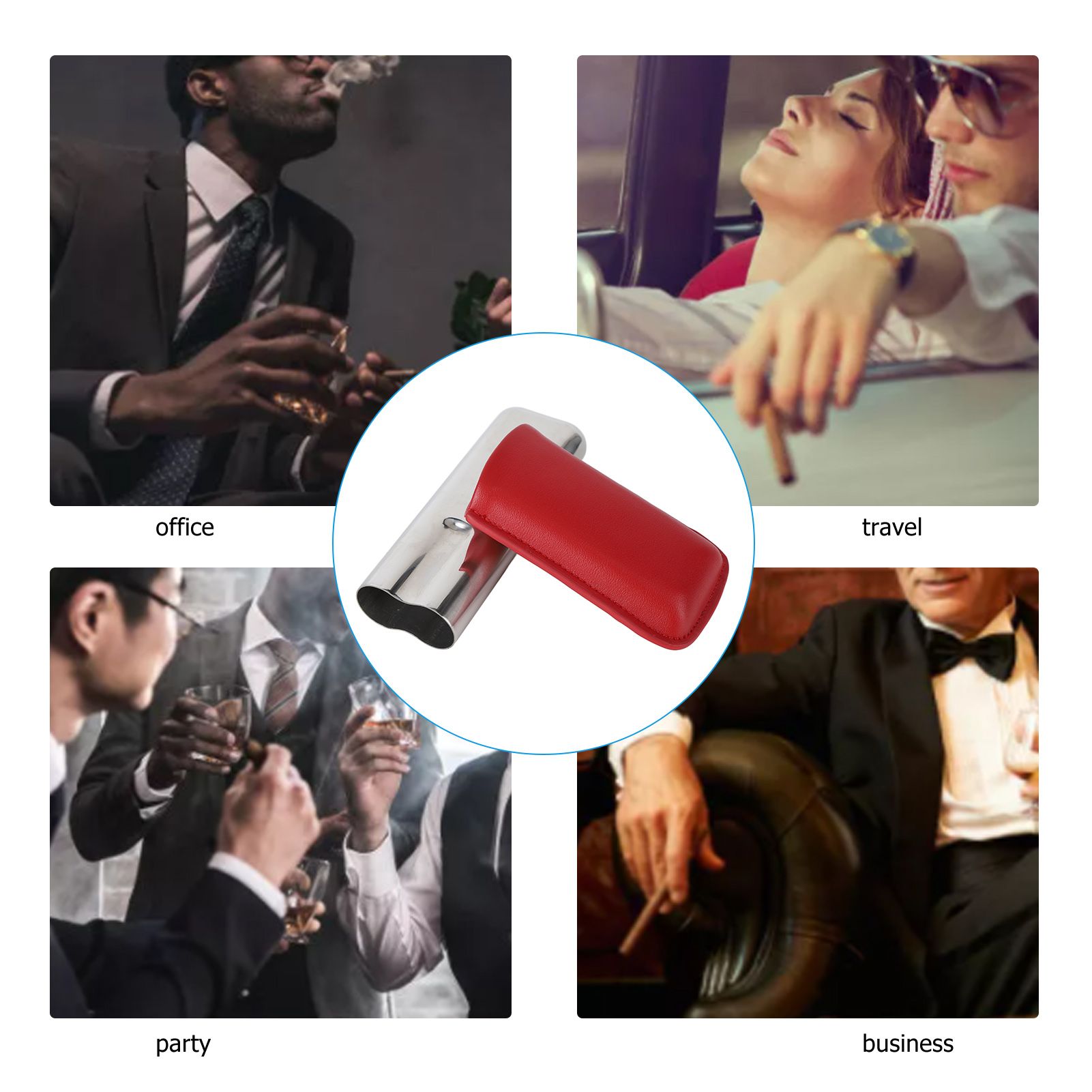 Cigar Case Holder Portable Leather 2 Holder Cigar Case with Stainless Steel Tube for Outdoor Travel Red - Image 1