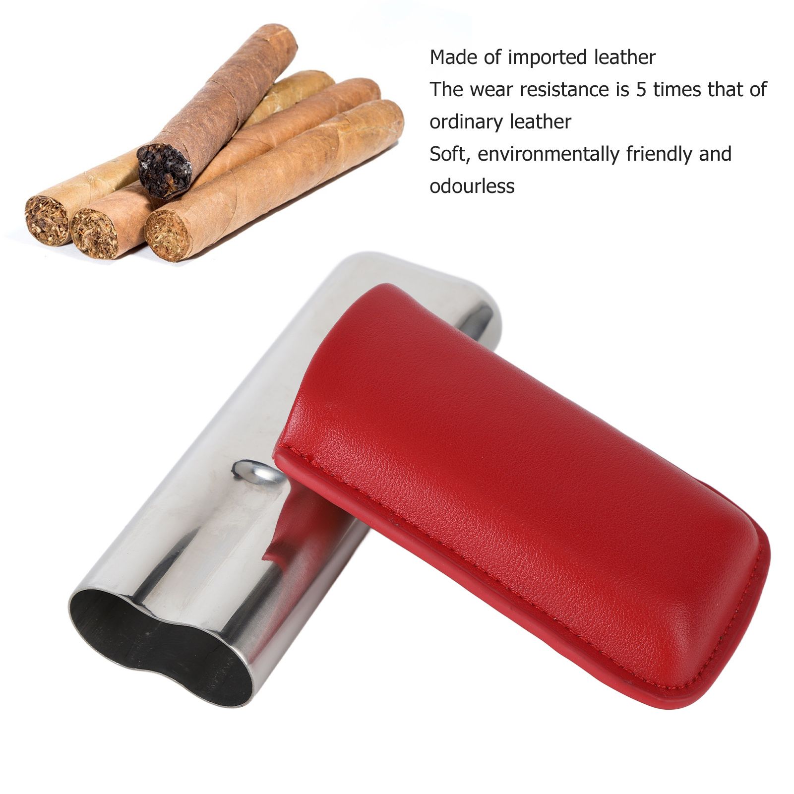 Cigar Case Holder Portable Leather 2 Holder Cigar Case with Stainless Steel Tube for Outdoor Travel Red - Image 3