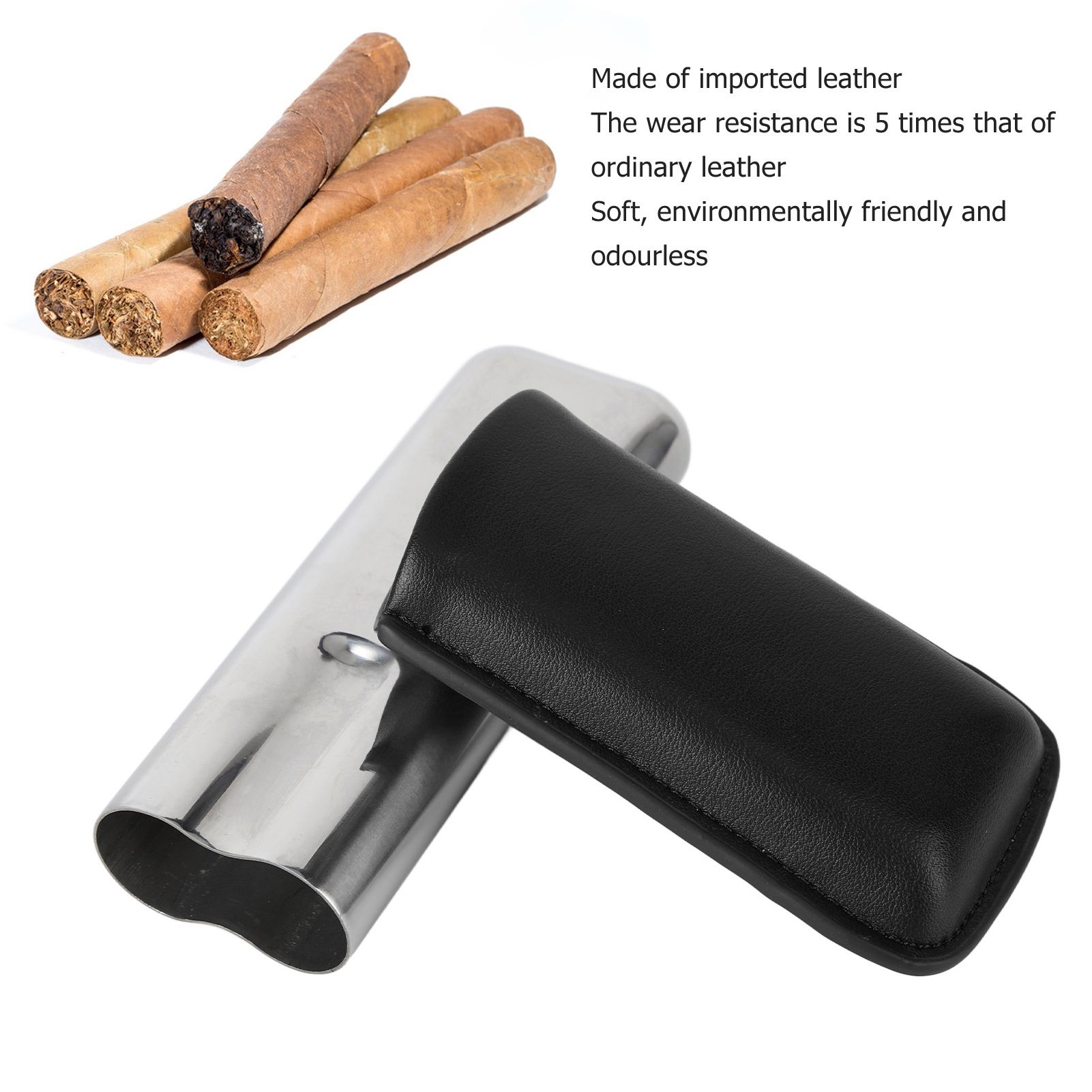 Cigar Case Holder Portable Leather 2 Holder Cigar Case with Stainless Steel Tube for Outdoor Travel Black - Image 2