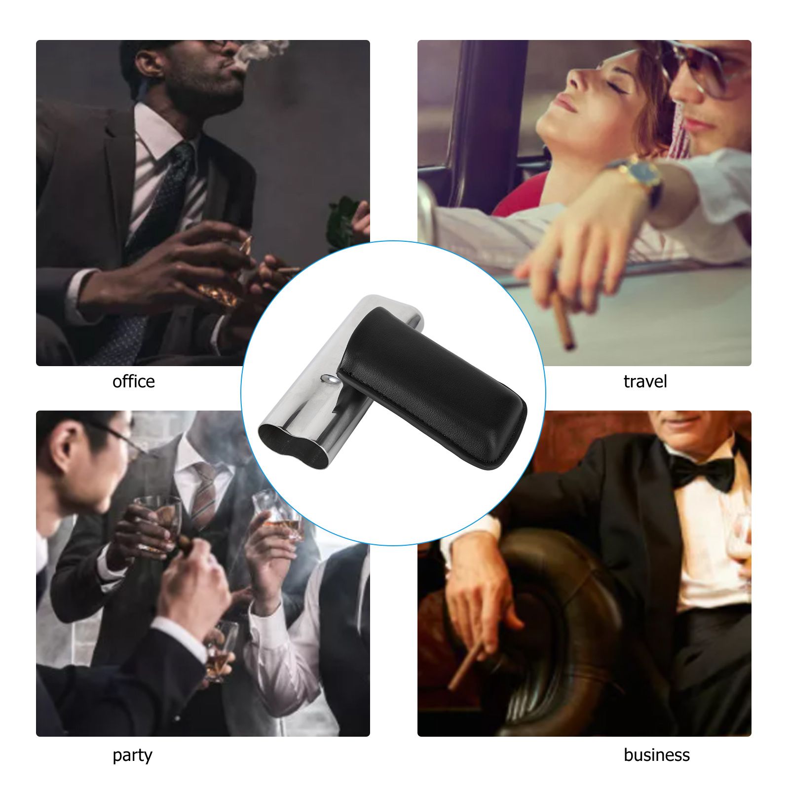 Cigar Case Holder Portable Leather 2 Holder Cigar Case with Stainless Steel Tube for Outdoor Travel Black - Image 3