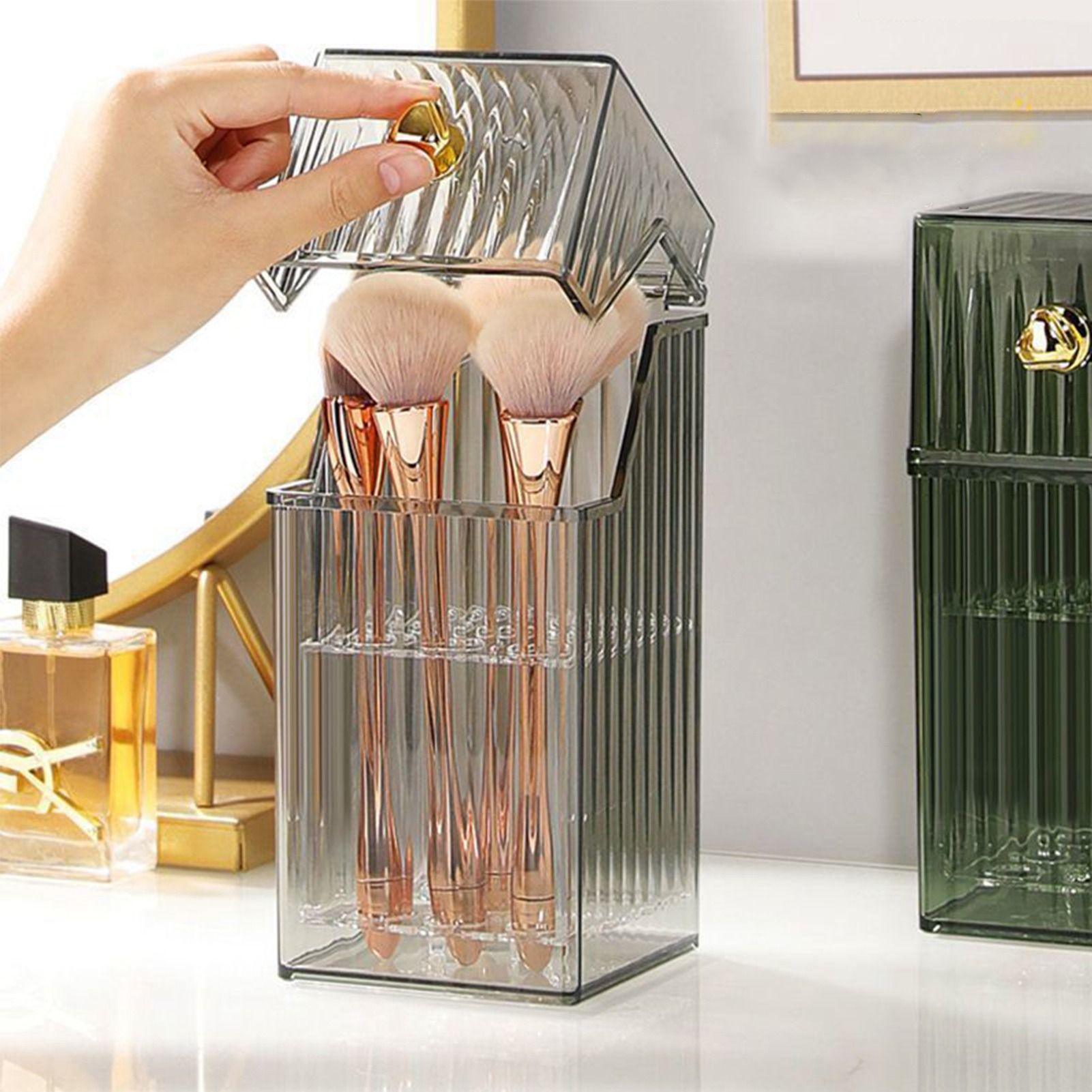 Cosmetic Brush Storage Box Luxurious Makeup Organizer Light Luxury Makeup Storage Box Desktop Eyebrow Pencil Powder Blusher Holder Green Free Size - Image 5