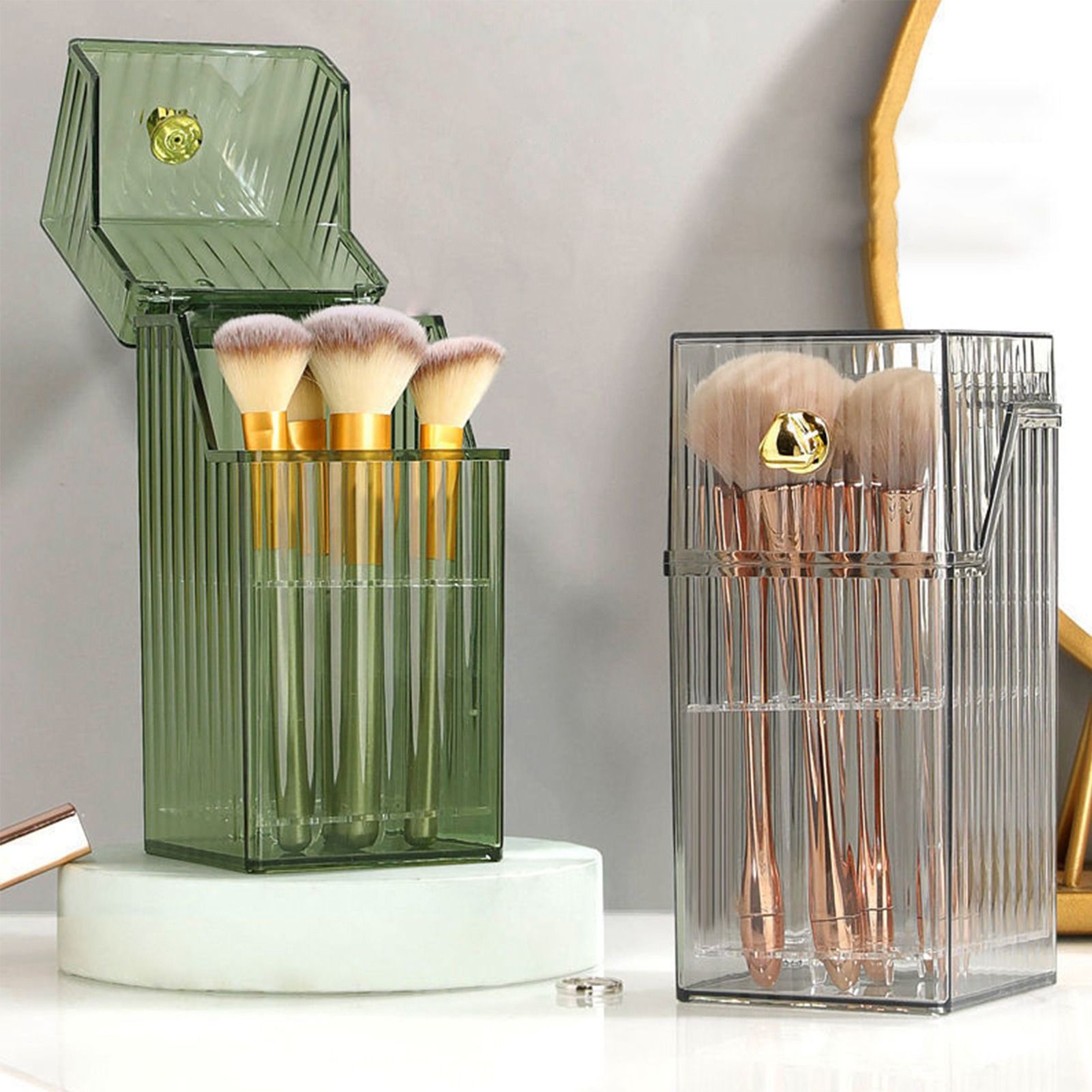 Cosmetic Brush Storage Box Luxurious Makeup Organizer Light Luxury Makeup Storage Box Desktop Eyebrow Pencil Powder Blusher Holder Green Free Size - Image 6