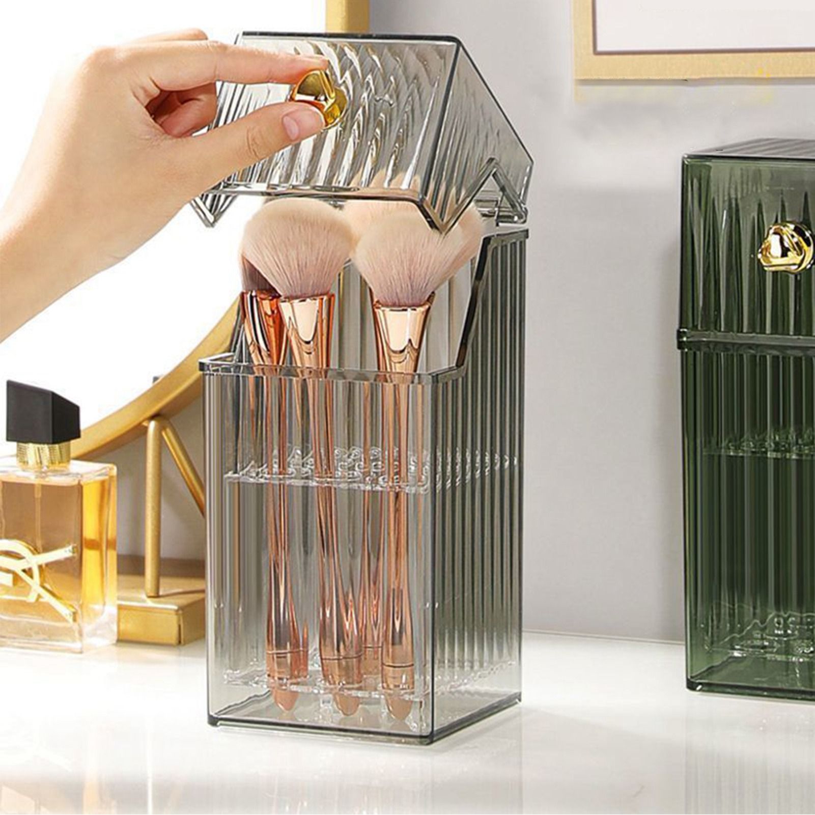 Cosmetic Brush Storage Box Luxurious Makeup Organizer Light Luxury Makeup Storage Box Desktop Eyebrow Pencil Powder Blusher Holder Gray Free Size - Image 5