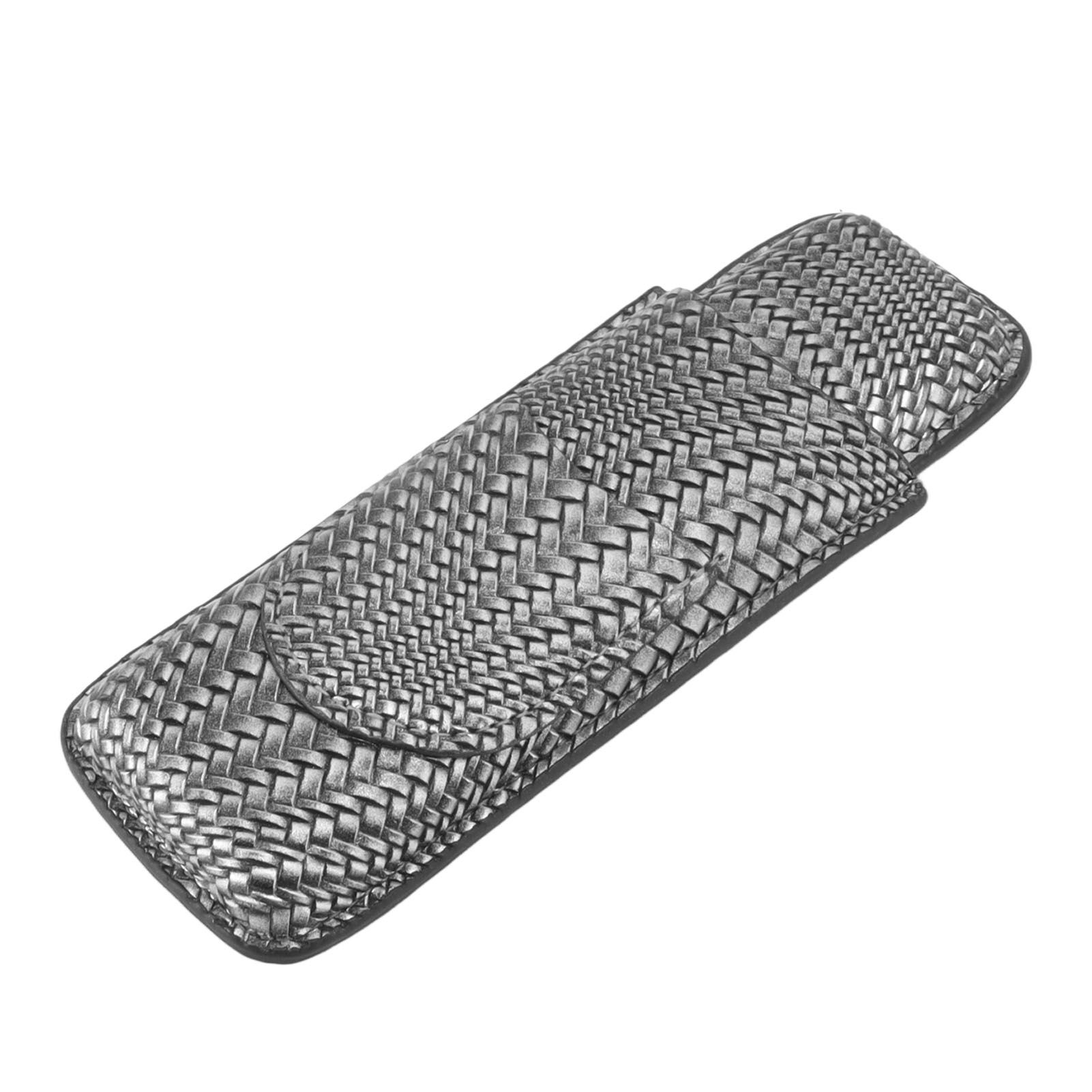 Cigar Case Holder Elegant Vintage Style Woven Pattern Leather Portable 2 Holder Cigar Case Silver - Image 3
