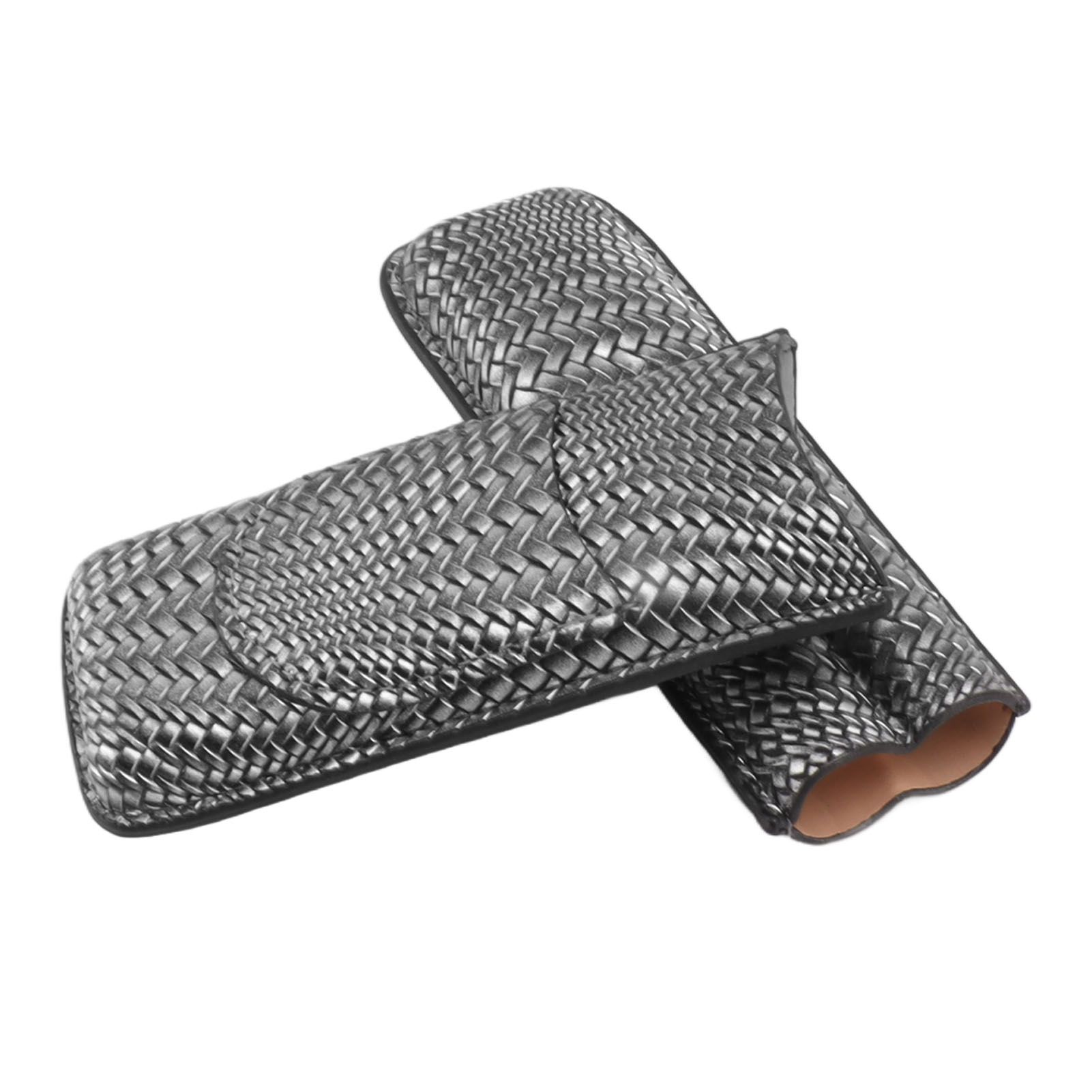 Cigar Case Holder Elegant Vintage Style Woven Pattern Leather Portable 2 Holder Cigar Case Silver - Image 5