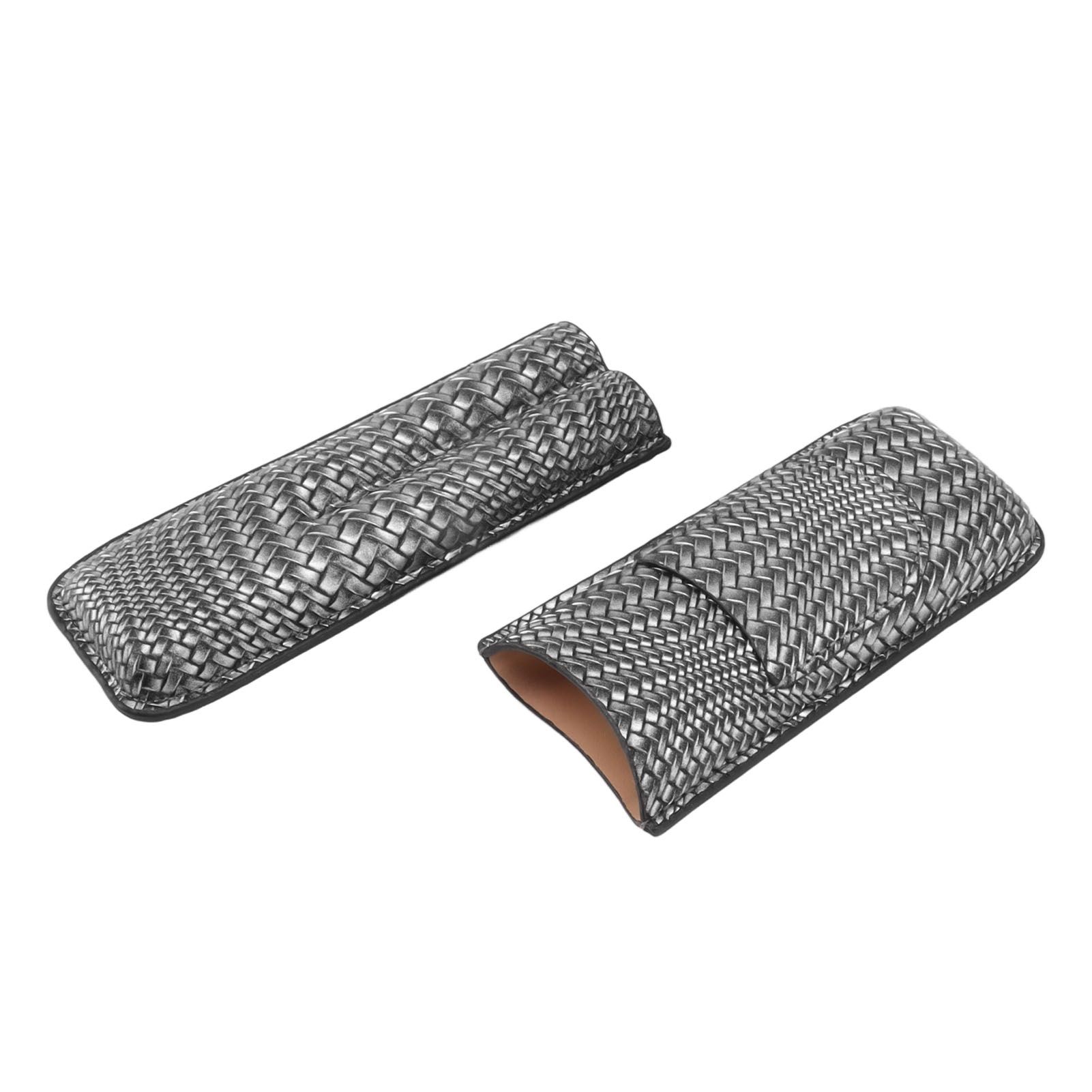Cigar Case Holder Elegant Vintage Style Woven Pattern Leather Portable 2 Holder Cigar Case Silver - Image 6