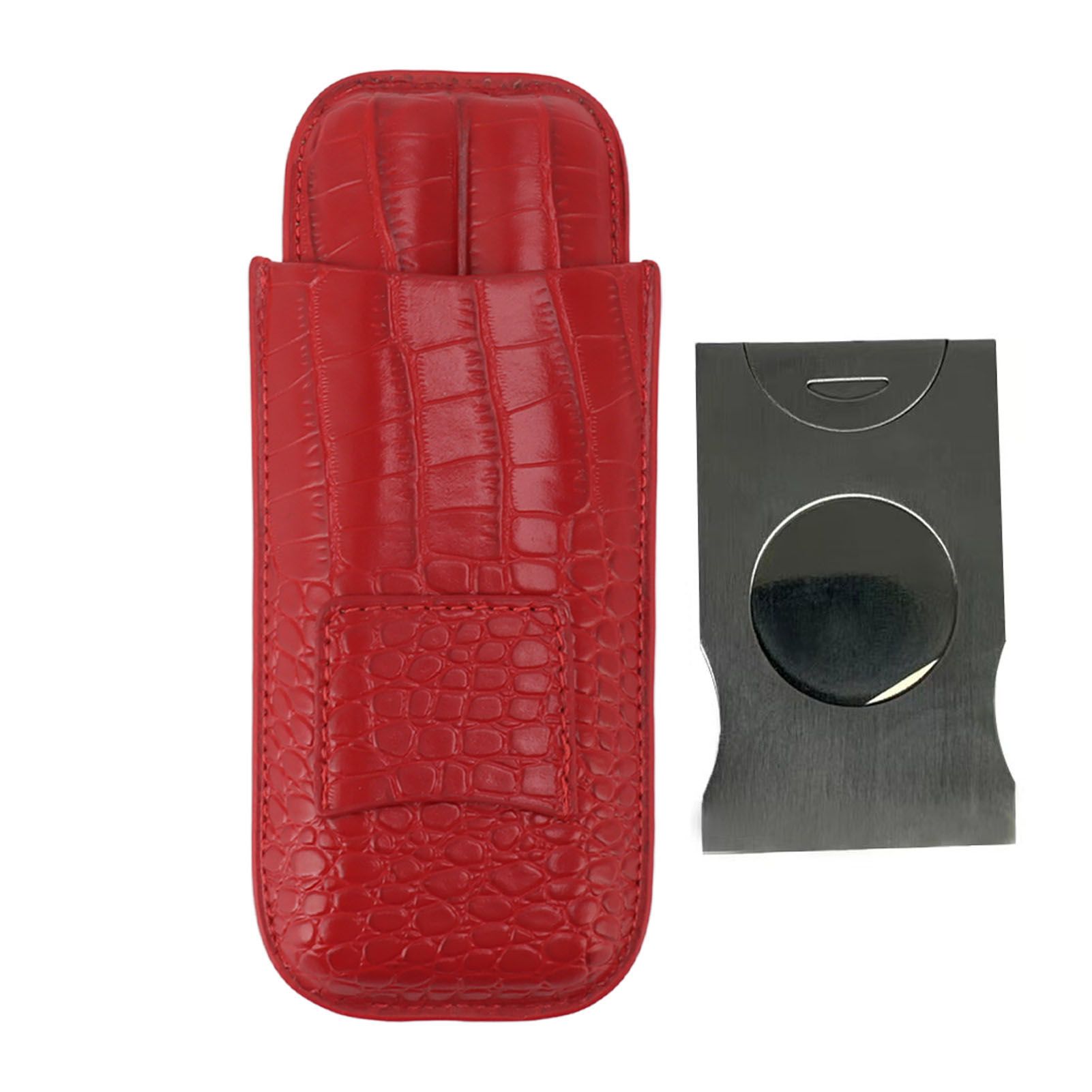 2 Finger Cigar Case Cigar Sleeve Portable Travel Cigar Holder Moisturizing Function With Cutter Red - Image 1