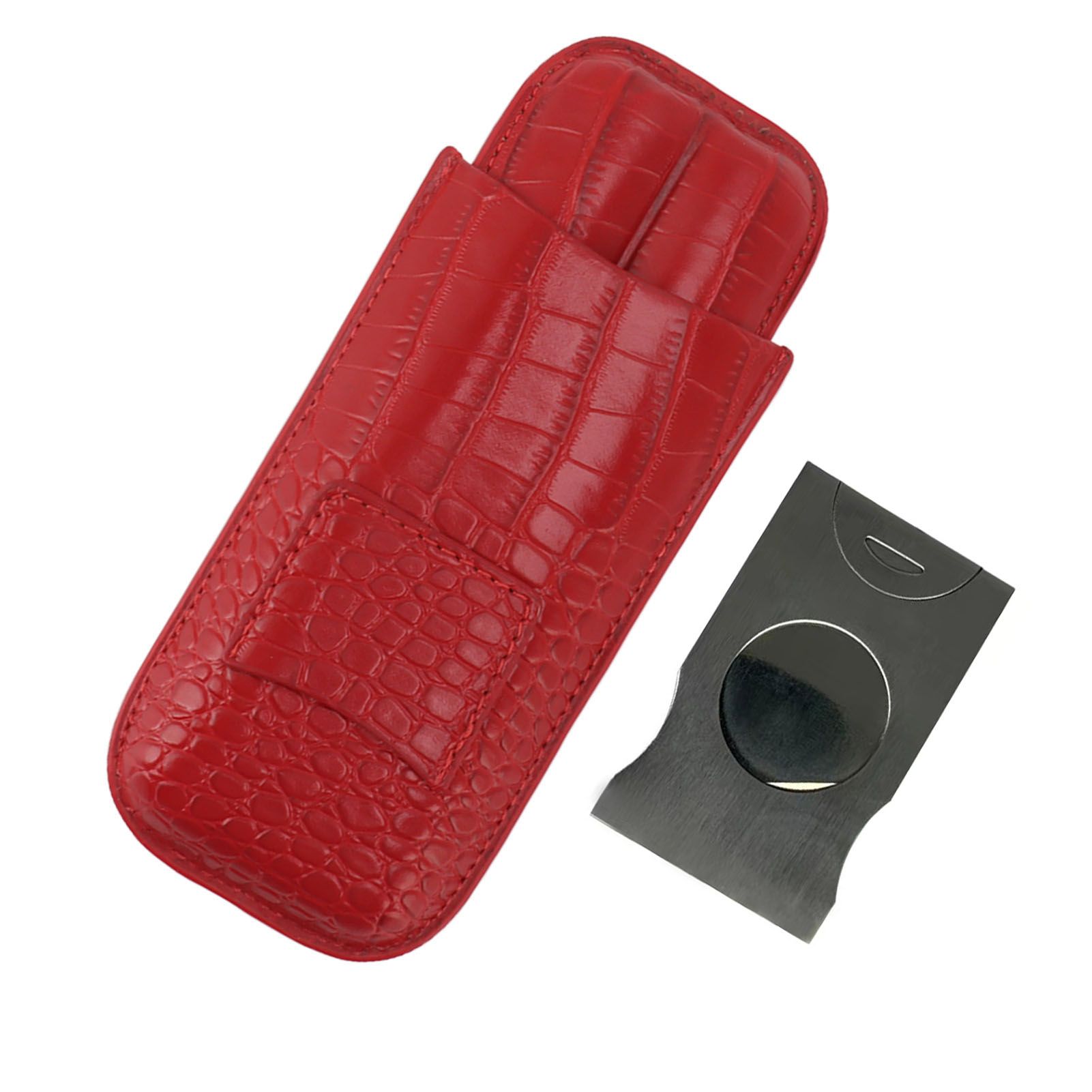 2 Finger Cigar Case Cigar Sleeve Portable Travel Cigar Holder Moisturizing Function With Cutter Red - Image 2