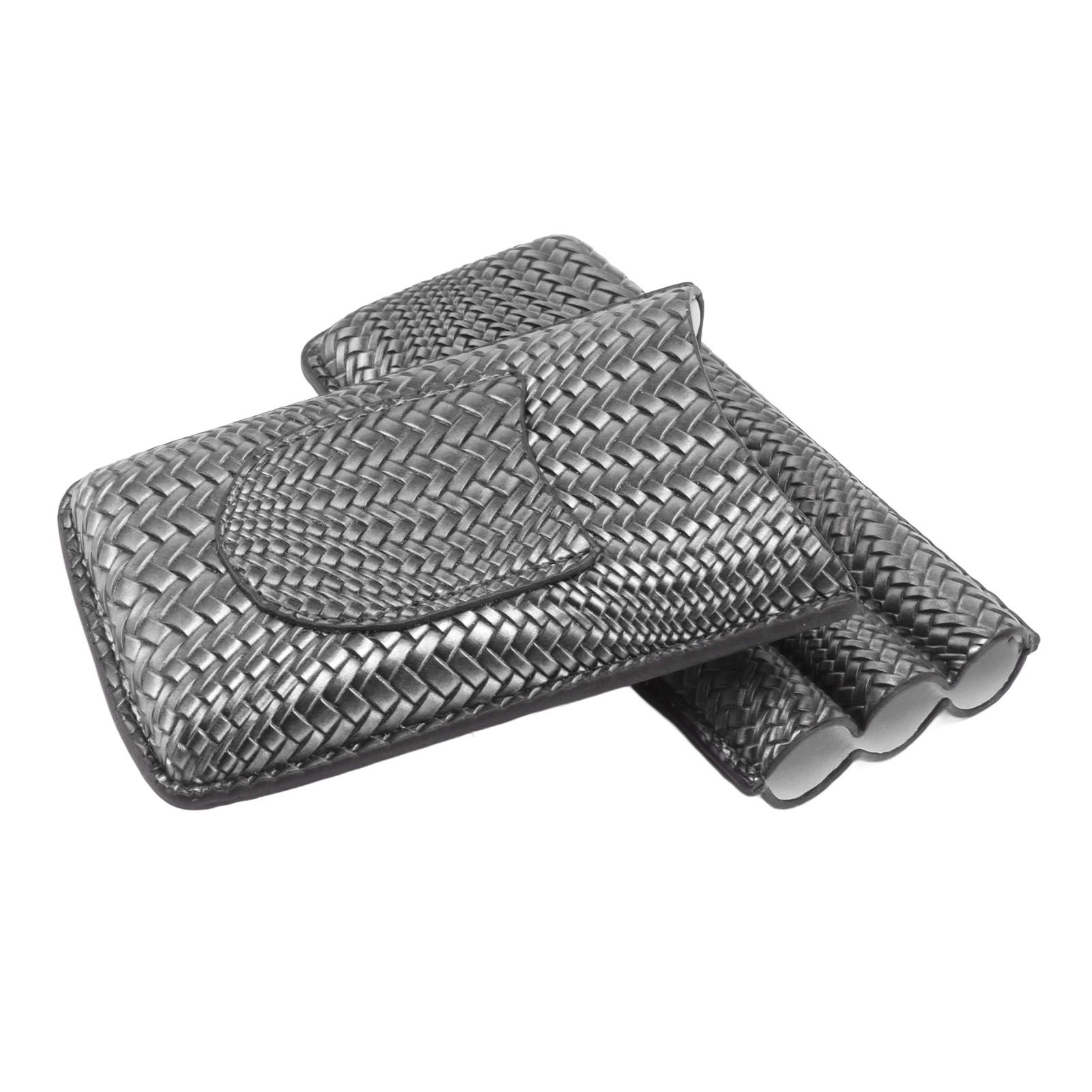 3 Finger Cigar Case Woven Pattern Portable Travel Leather Cigar Humidor Case Smoking Accessories Silver - Image 4