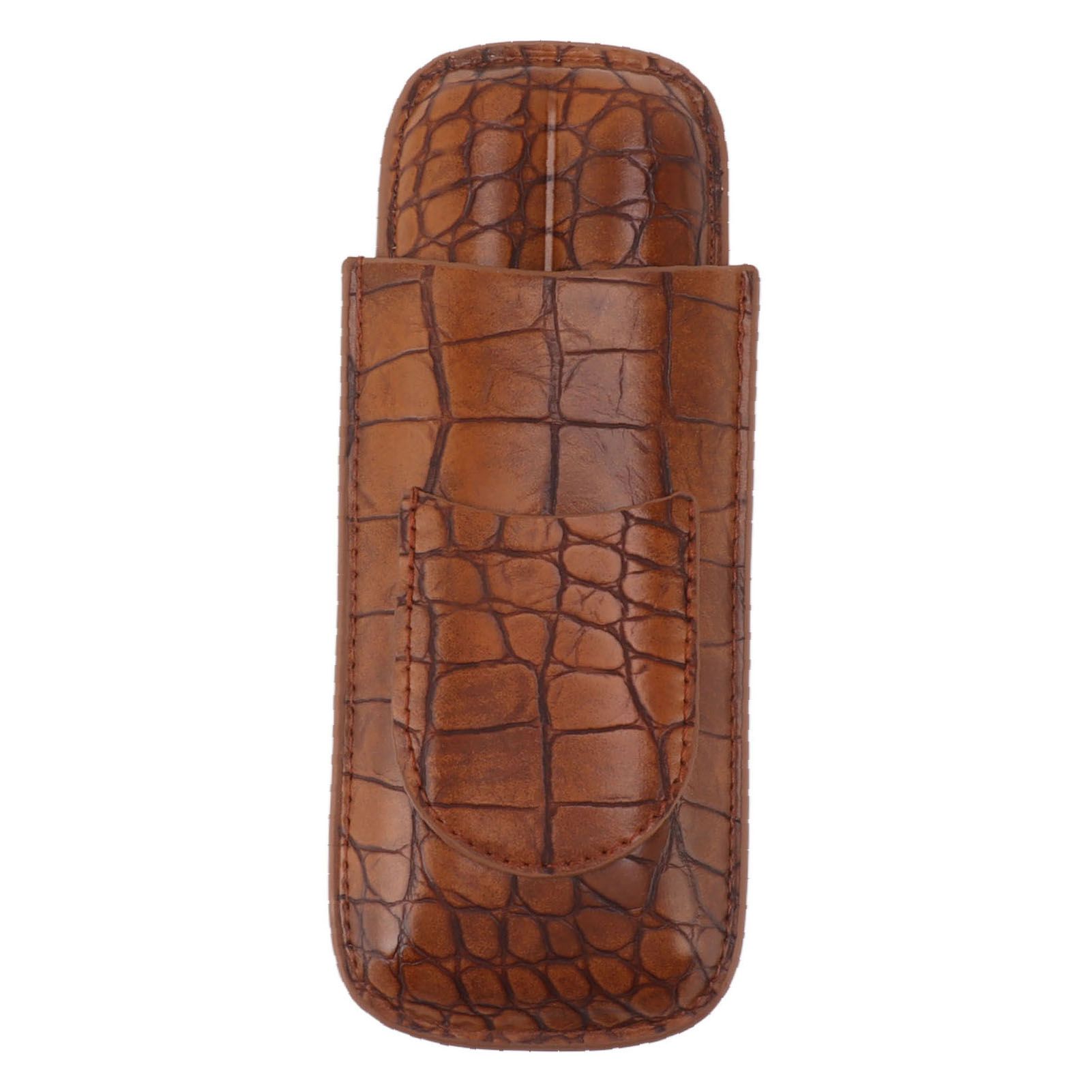 Cigar Case Holder Brown Crocodile Skin Pattern PU Leather 2 Finger Portable Carrying Holder for Travel Anniversary Gifts - Image 1