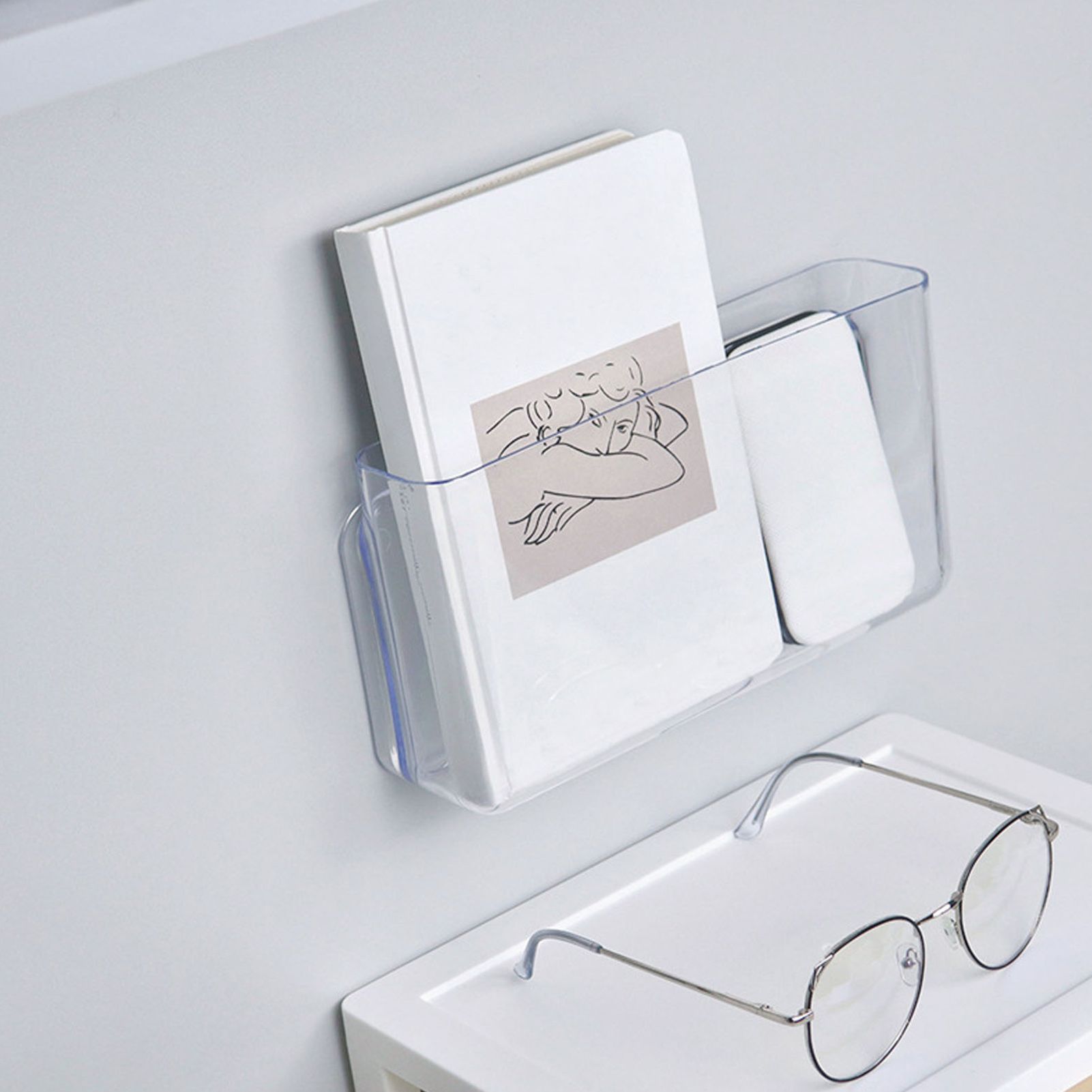 Adhesive Storage Bin Transparent Plastic Wall Mounted Floating Storage Holder Desk Organizer for Bedroom Bathroom L - Image 5