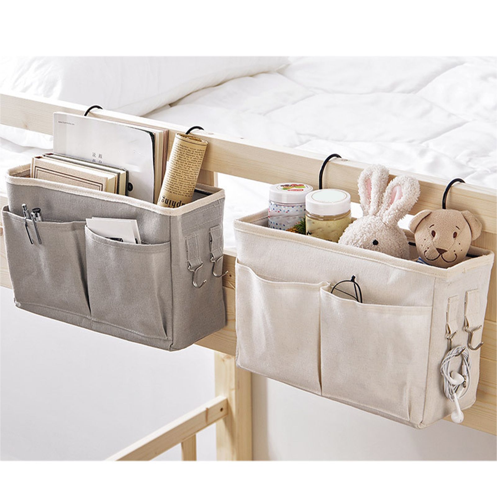 Nightstand Hanging Bag Cotton Linen Bedside Storage Pocket Organizer Basket for Bunk Bed Dorm Rooms White - Image 5