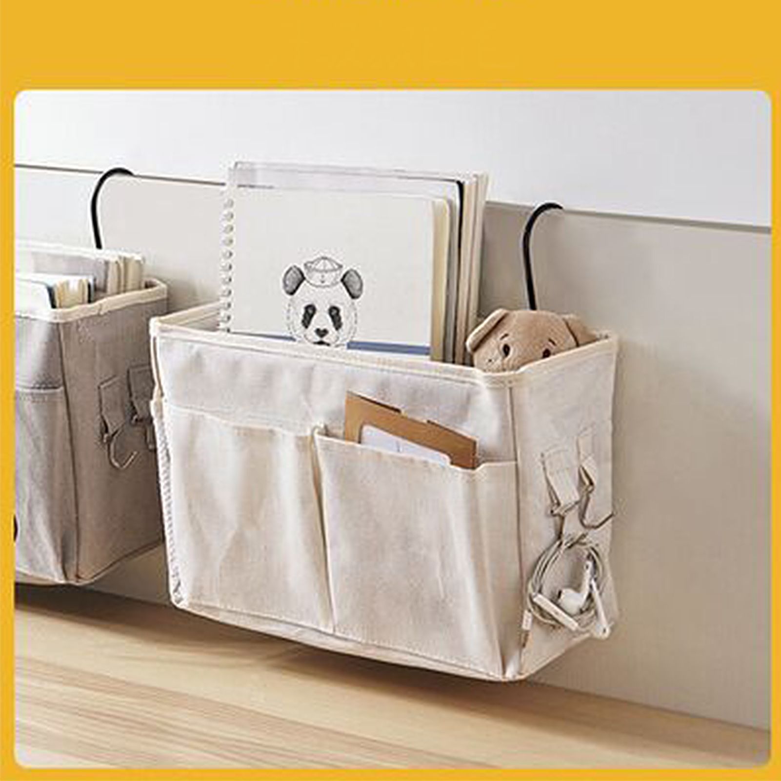 Nightstand Hanging Bag Cotton Linen Bedside Storage Pocket Organizer Basket for Bunk Bed Dorm Rooms White - Image 6