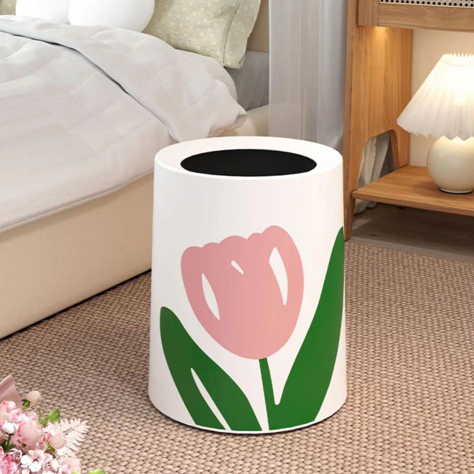 Floral Trash Can Large Mouth Cute Appearance Modern Style Garbage Waste Basket for Kitchen Bathroom Bedroom Round Large Size - Image 7