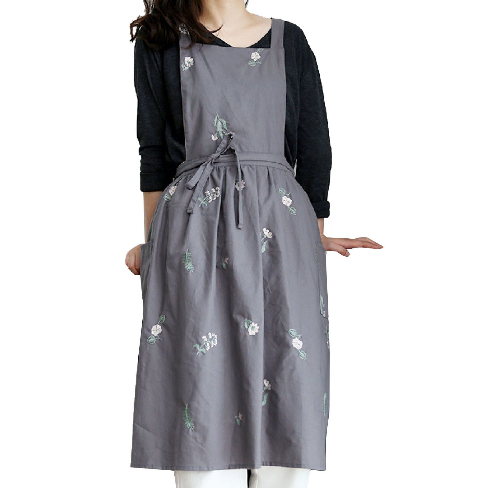 Cooking Apron Flower Embroidery Waterproof Wear Resistant Baking Apron for Coffee Shop Home Dark Grey - Image 1