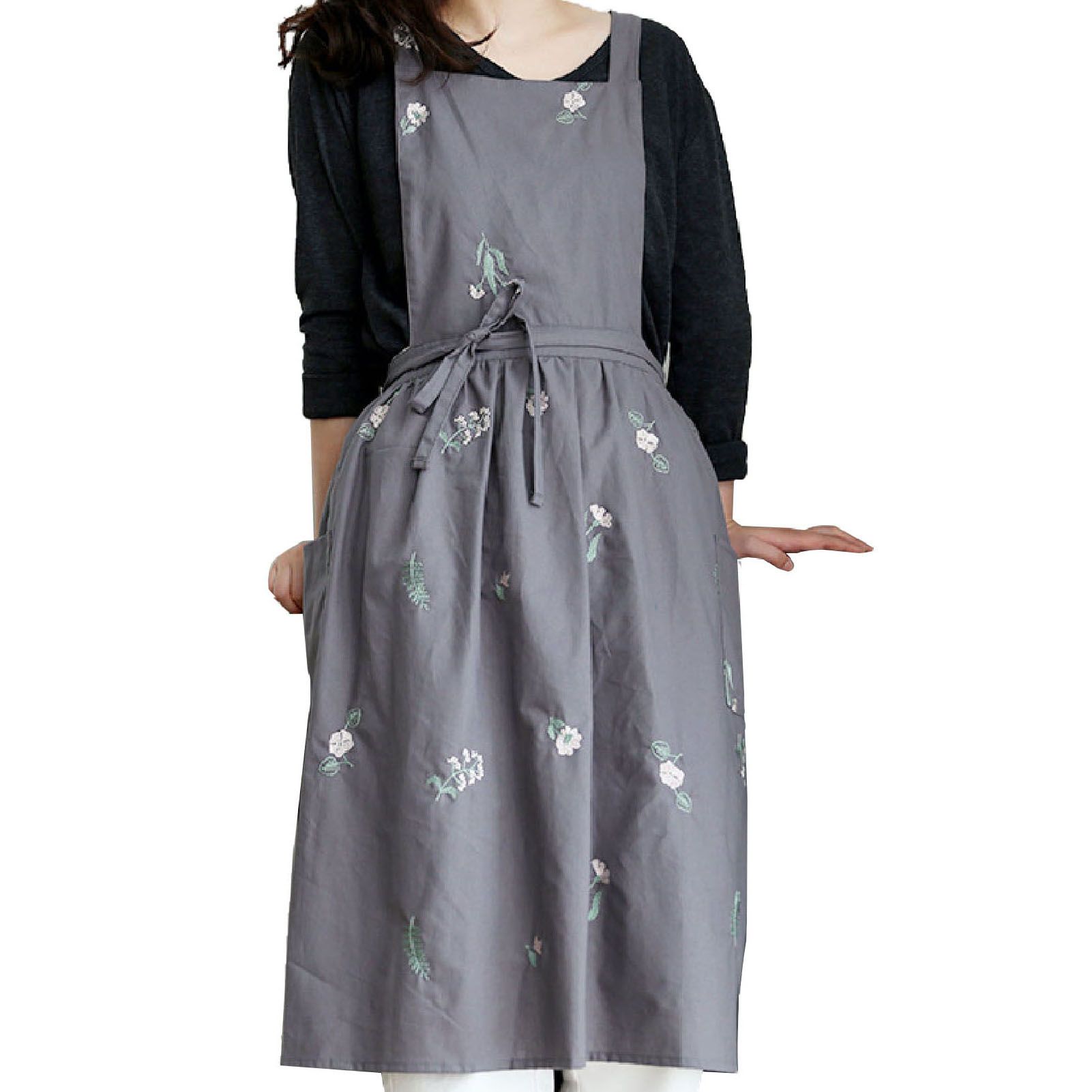 Cooking Apron Flower Embroidery Waterproof Wear Resistant Baking Apron for Coffee Shop Home Dark Grey - Image 2