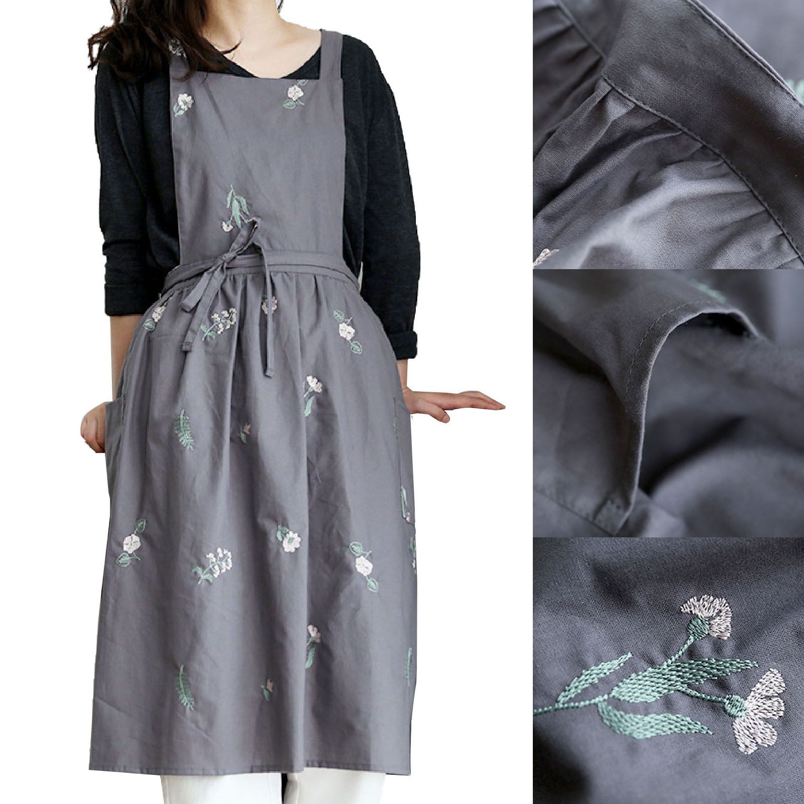 Cooking Apron Flower Embroidery Waterproof Wear Resistant Baking Apron for Coffee Shop Home Dark Grey - Image 3