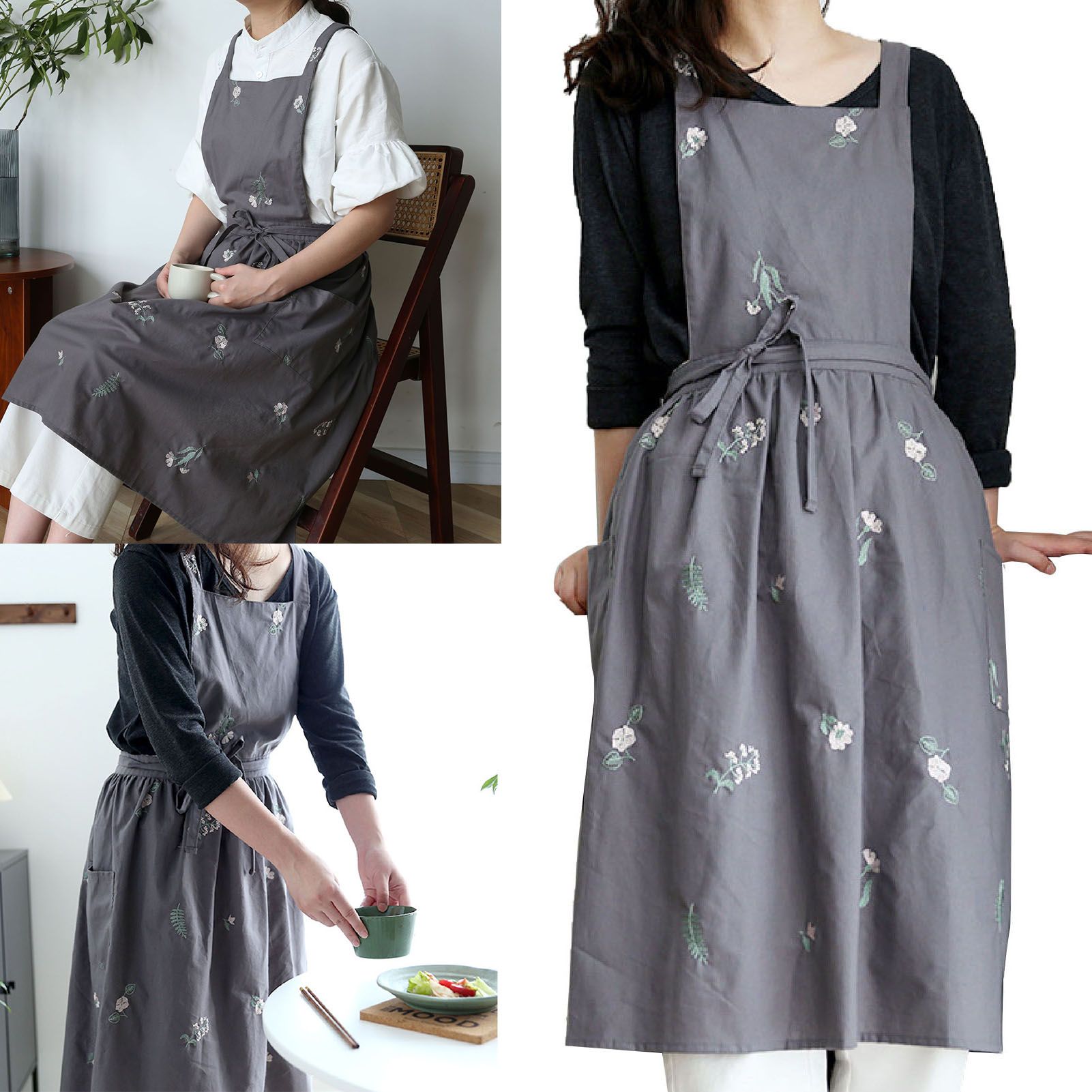 Cooking Apron Flower Embroidery Waterproof Wear Resistant Baking Apron for Coffee Shop Home Dark Grey - Image 4