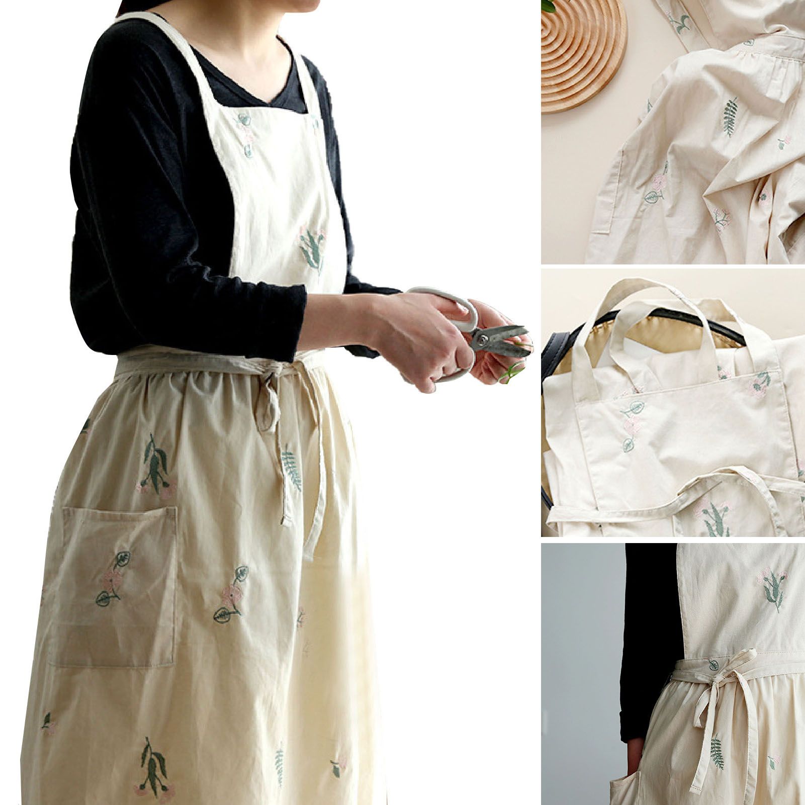Cooking Apron Flower Embroidery Waterproof Wear Resistant Baking Apron for Coffee Shop Home Cream - Image 3