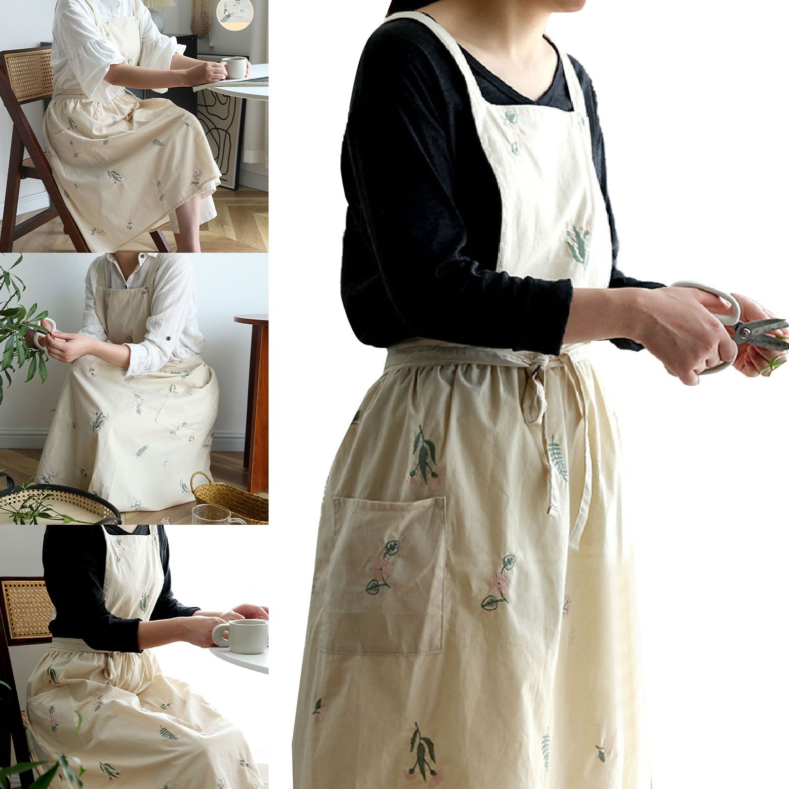 Cooking Apron Flower Embroidery Waterproof Wear Resistant Baking Apron for Coffee Shop Home Cream - Image 4