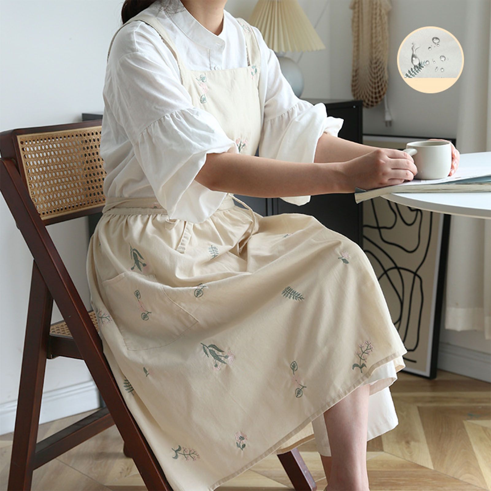 Cooking Apron Flower Embroidery Waterproof Wear Resistant Baking Apron for Coffee Shop Home Cream - Image 6