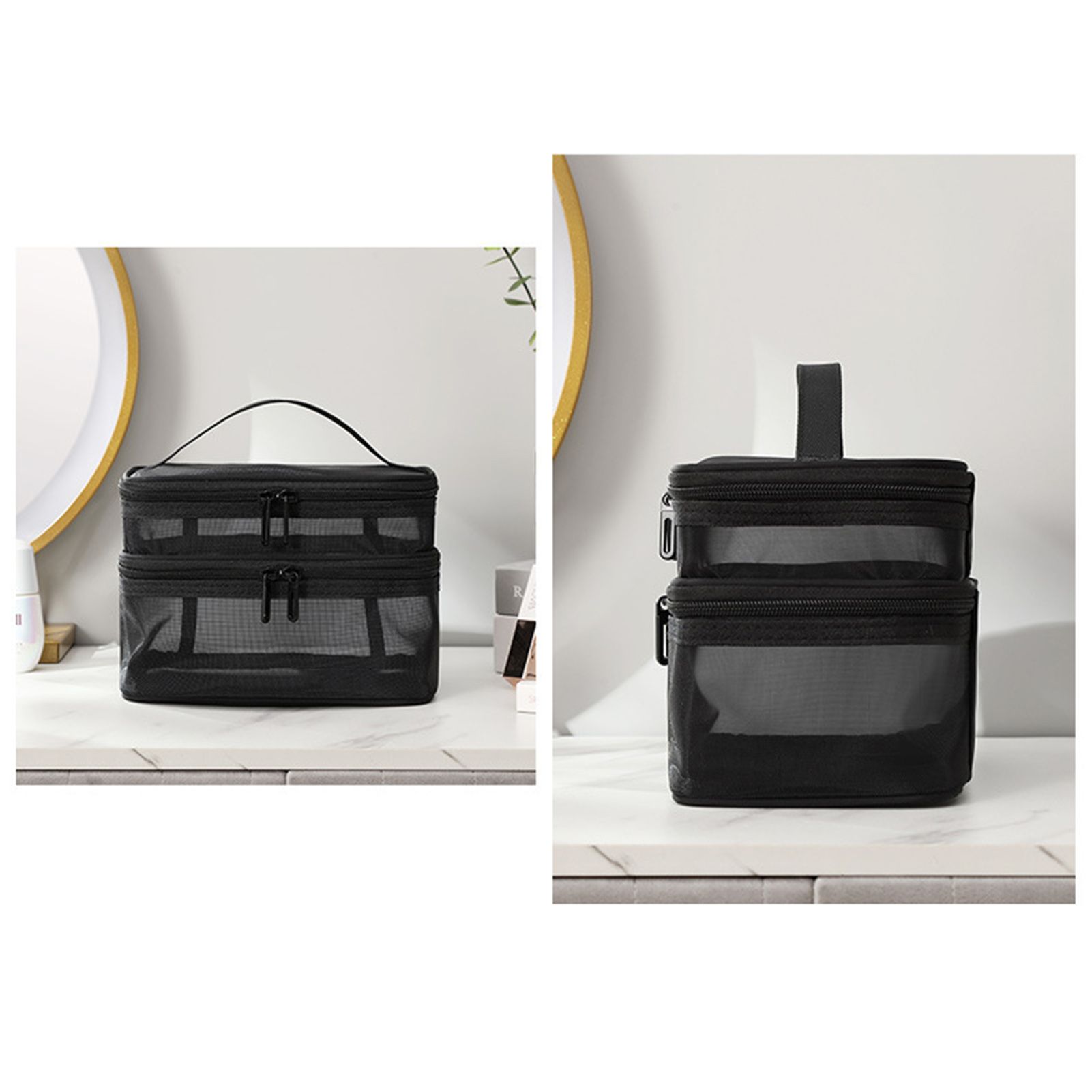 Double Layer Cosmetic Bag Easy Classification Large Capacity Mesh Cosmetic Bag with Sturdy Handle for Travel Black Double Layer - Image 3