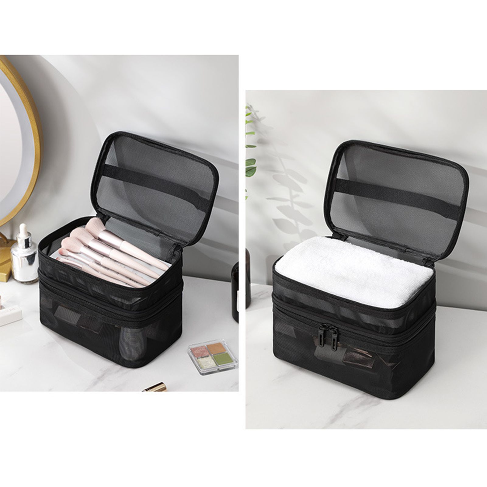 Double Layer Cosmetic Bag Easy Classification Large Capacity Mesh Cosmetic Bag with Sturdy Handle for Travel Black Double Layer - Image 4