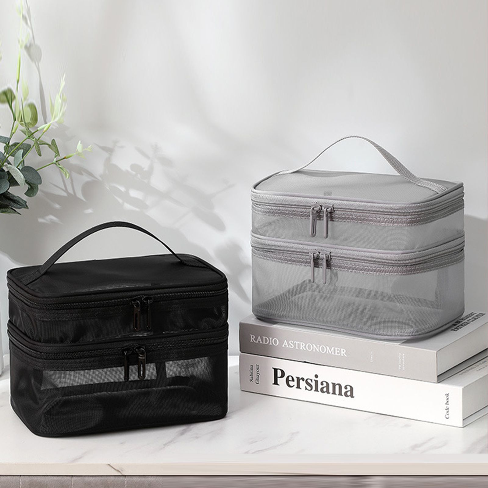 Double Layer Cosmetic Bag Easy Classification Large Capacity Mesh Cosmetic Bag with Sturdy Handle for Travel Black Double Layer - Image 5