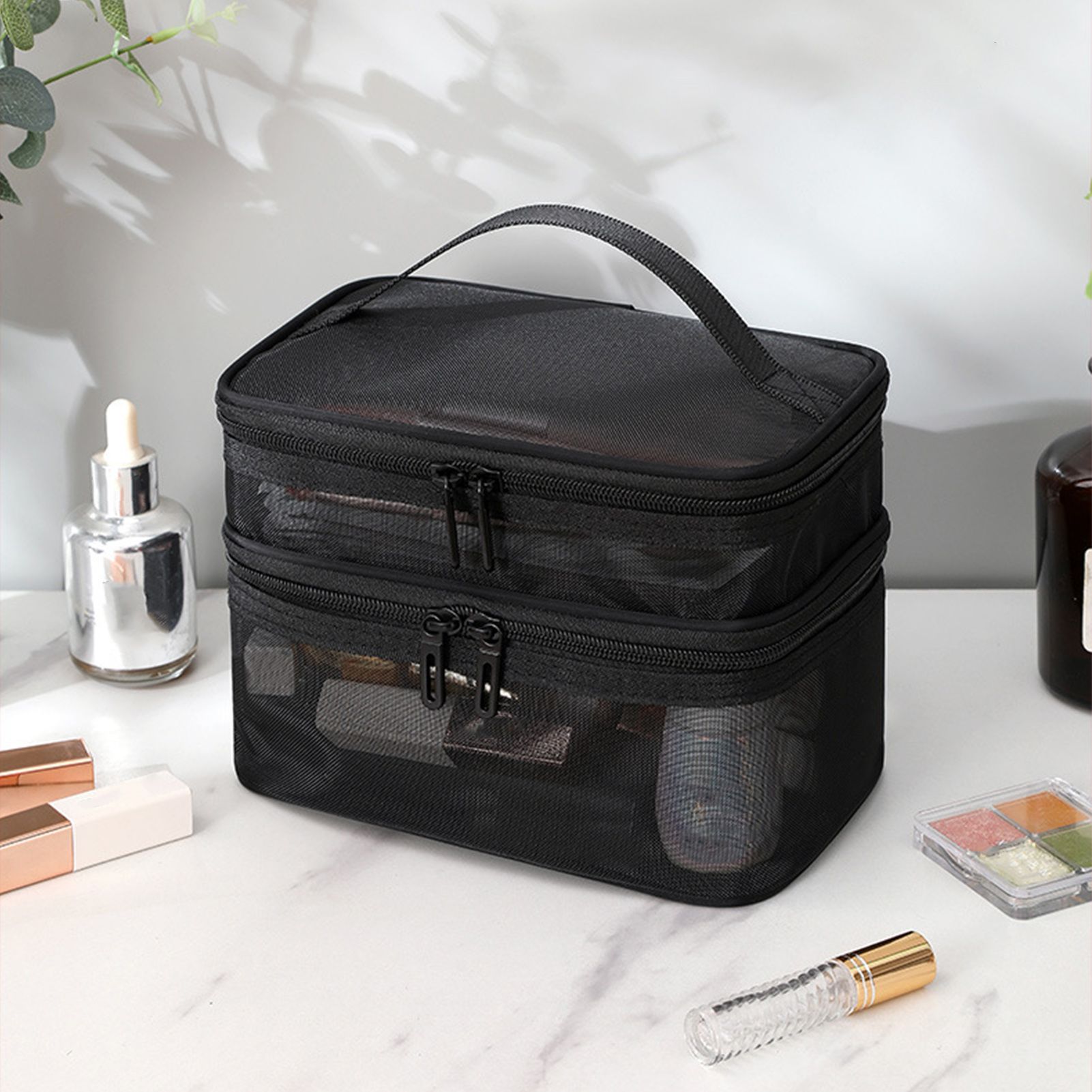 Double Layer Cosmetic Bag Easy Classification Large Capacity Mesh Cosmetic Bag with Sturdy Handle for Travel Black Double Layer - Image 6