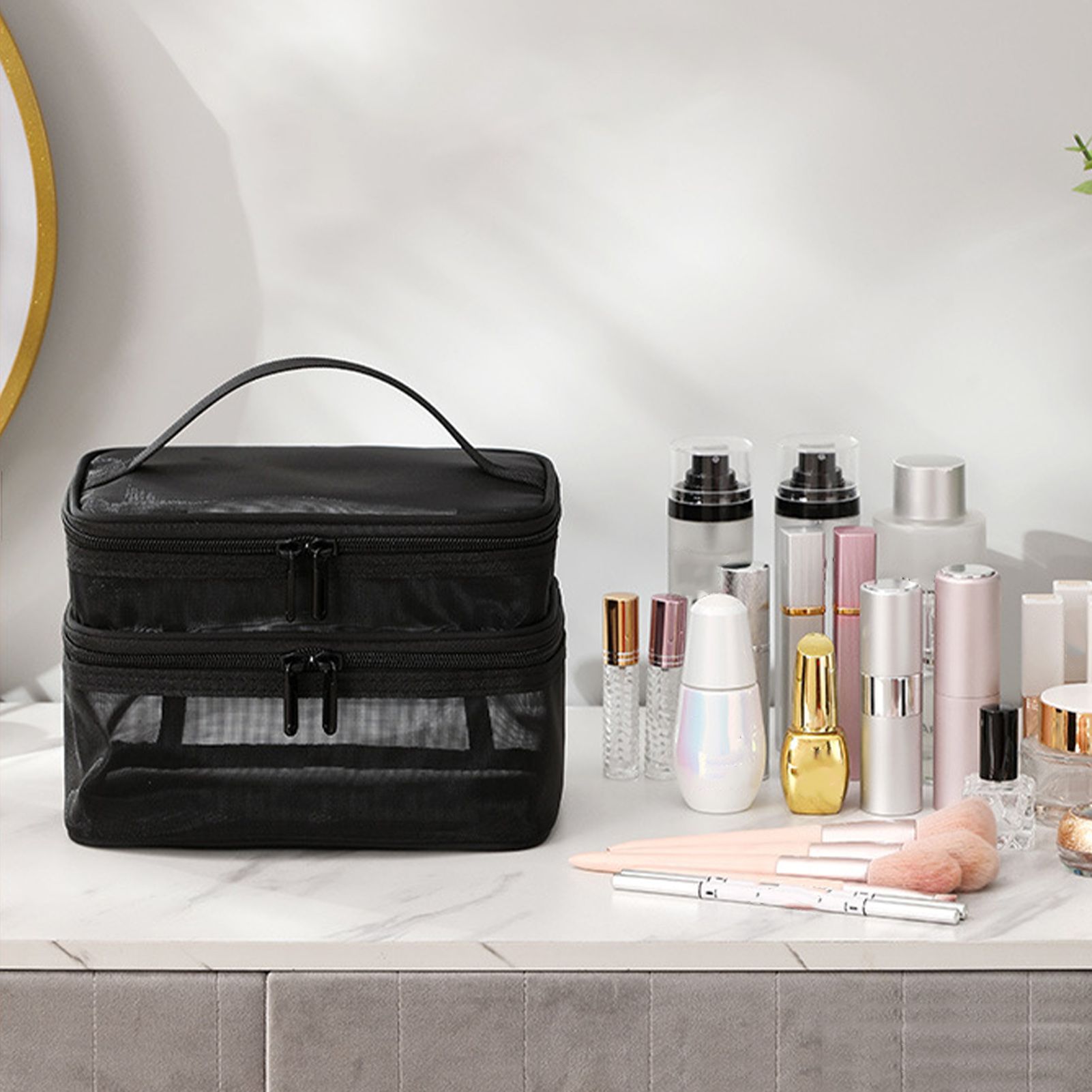 Double Layer Cosmetic Bag Easy Classification Large Capacity Mesh Cosmetic Bag with Sturdy Handle for Travel Black Double Layer - Image 8