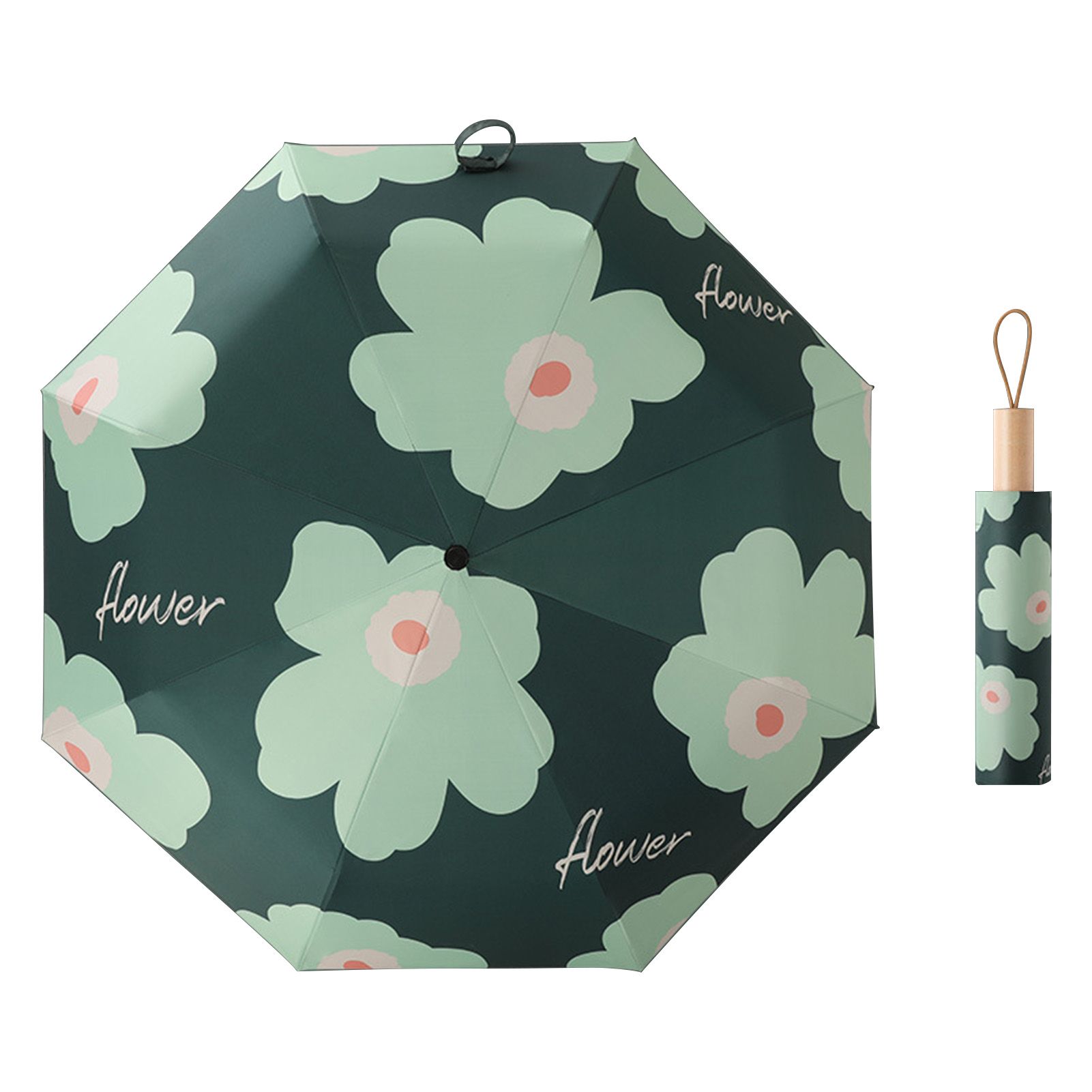 Flower Pattern Folding Umbrella UV Protection Foldable Rain Shine Dual Use Sun Umbrella for Travelling Blackish Green - Image 1
