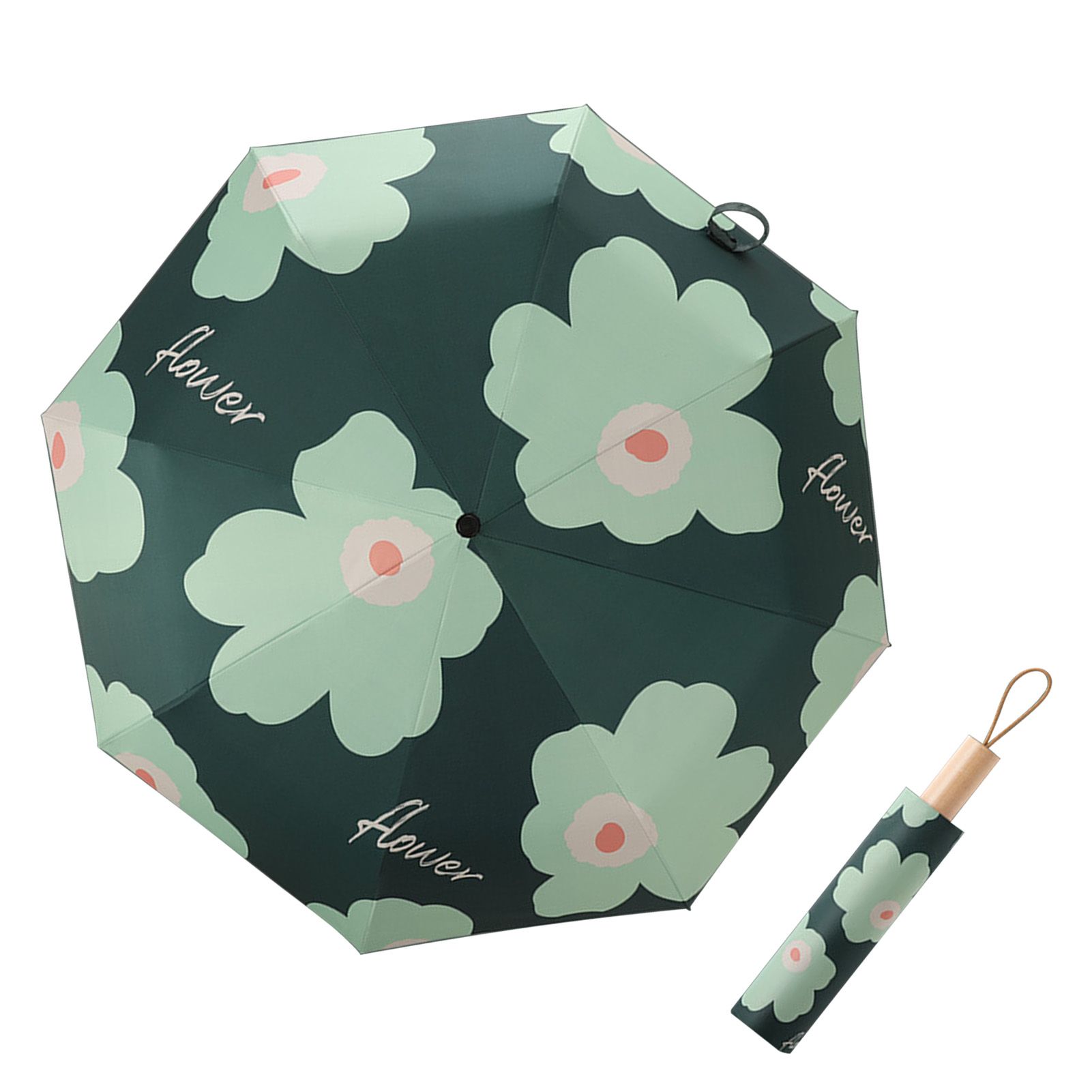 Flower Pattern Folding Umbrella UV Protection Foldable Rain Shine Dual Use Sun Umbrella for Travelling Blackish Green - Image 2