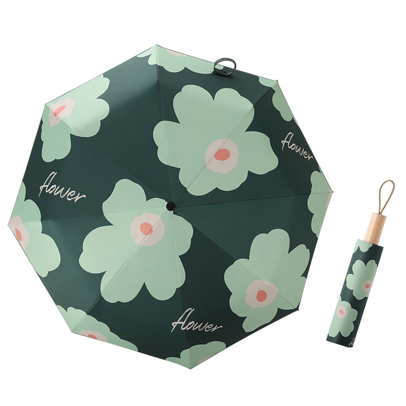Flower Pattern Folding Umbrella UV Protection Foldable Rain Shine Dual Use Sun Umbrella for Travelling Blackish Green - Image 3