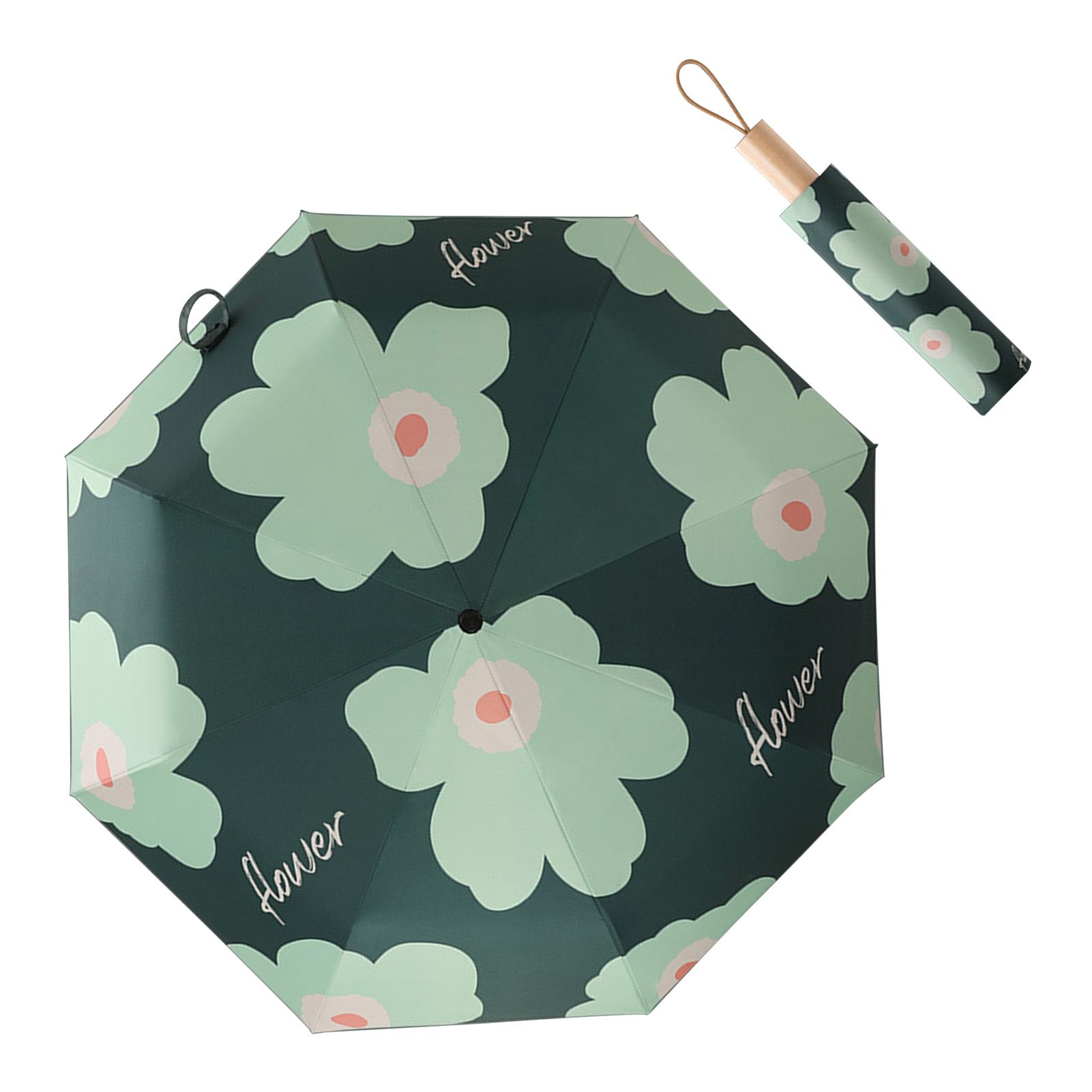 Flower Pattern Folding Umbrella UV Protection Foldable Rain Shine Dual Use Sun Umbrella for Travelling Blackish Green - Image 4