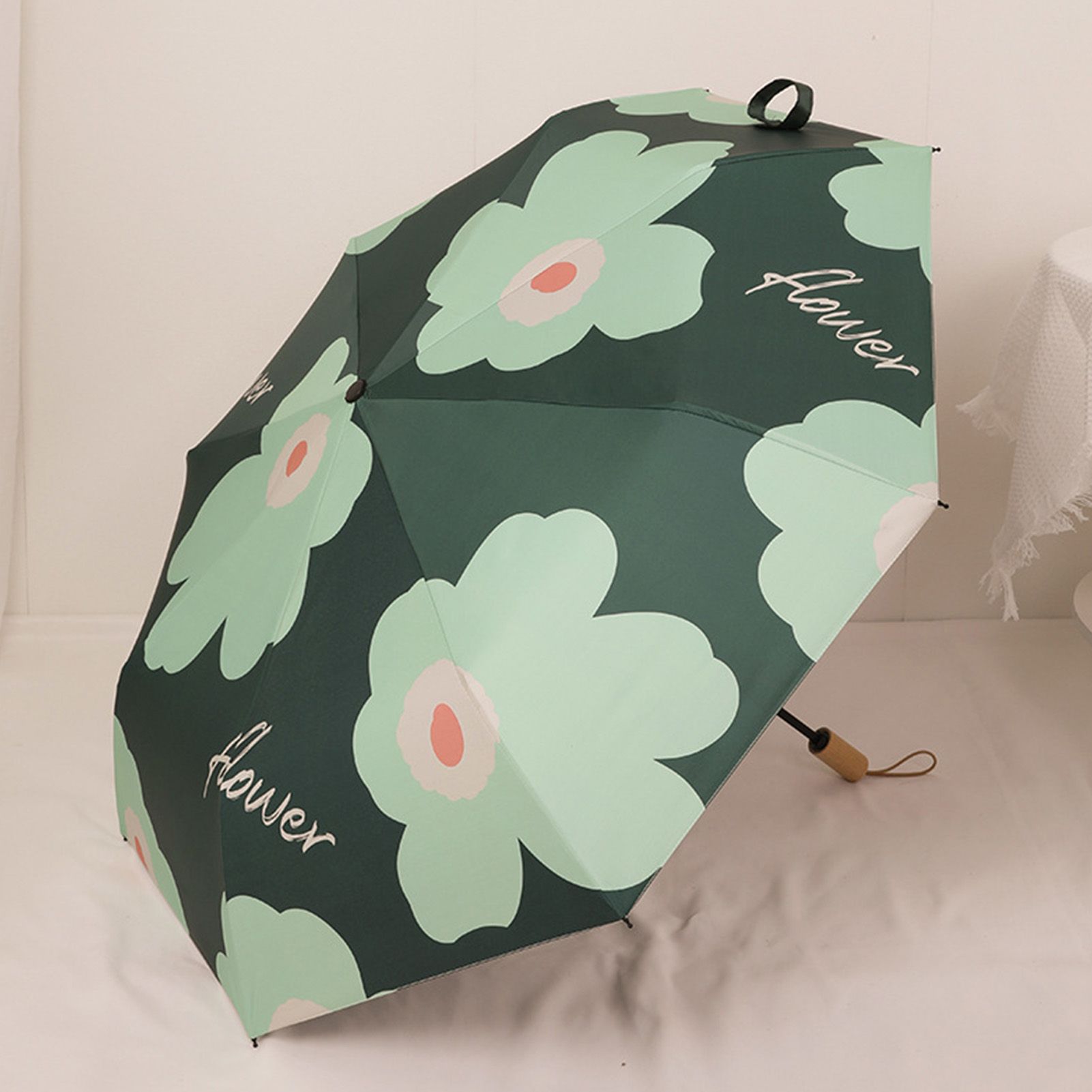 Flower Pattern Folding Umbrella UV Protection Foldable Rain Shine Dual Use Sun Umbrella for Travelling Blackish Green - Image 5