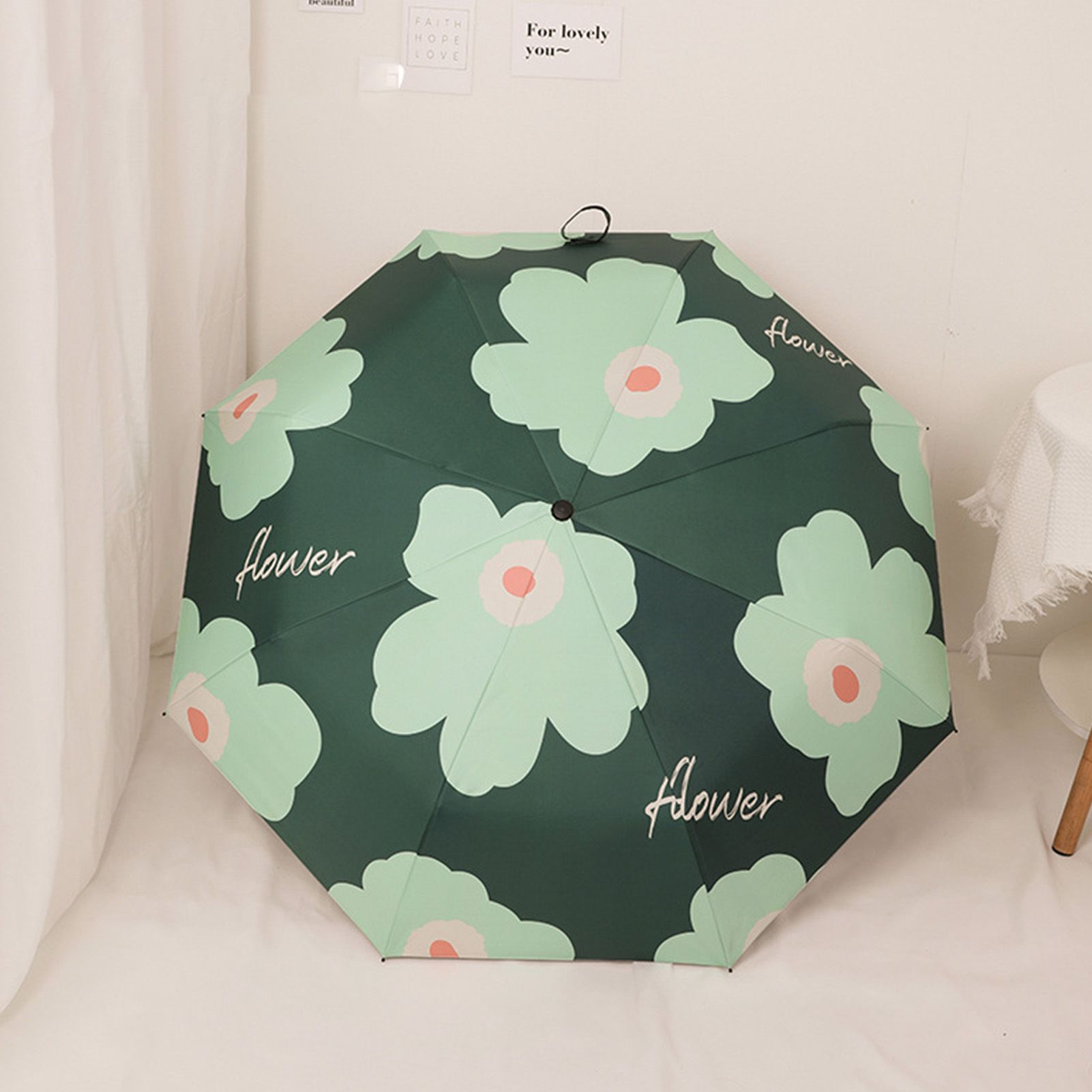 Flower Pattern Folding Umbrella UV Protection Foldable Rain Shine Dual Use Sun Umbrella for Travelling Blackish Green - Image 6