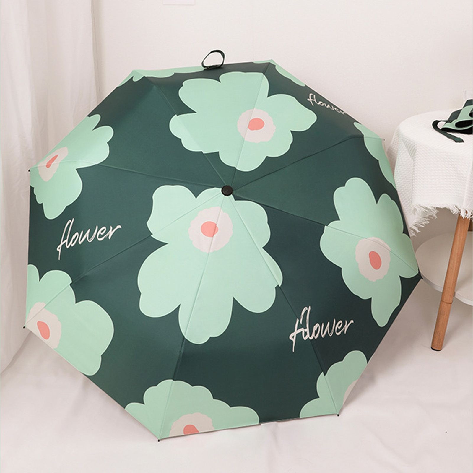 Flower Pattern Folding Umbrella UV Protection Foldable Rain Shine Dual Use Sun Umbrella for Travelling Blackish Green - Image 7