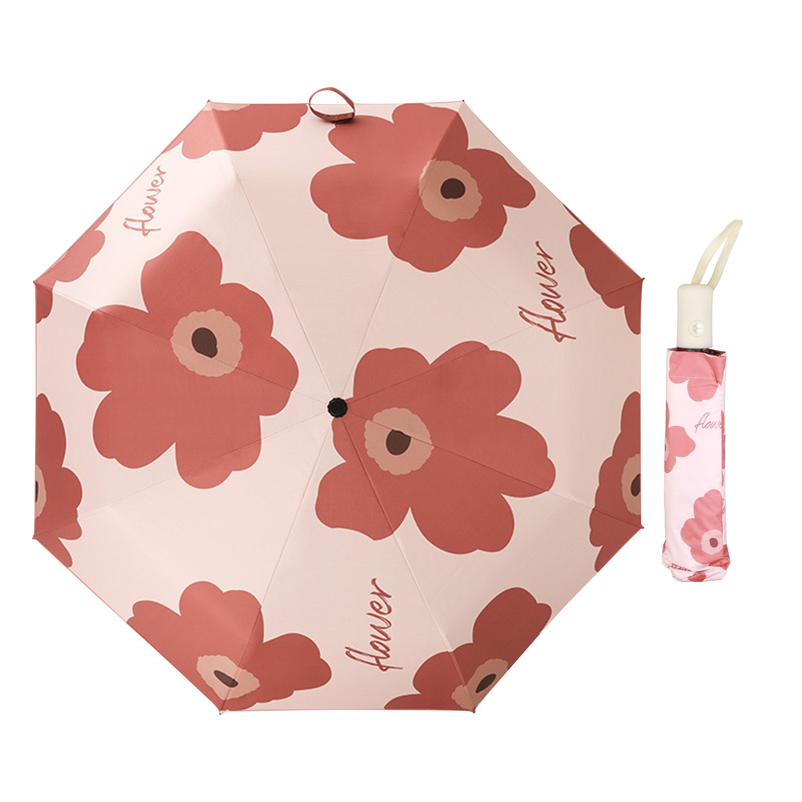 Flower Pattern Folding Umbrella UV Protection Foldable Rain Shine Dual Use Sun Umbrella for Travelling Red - Image 1