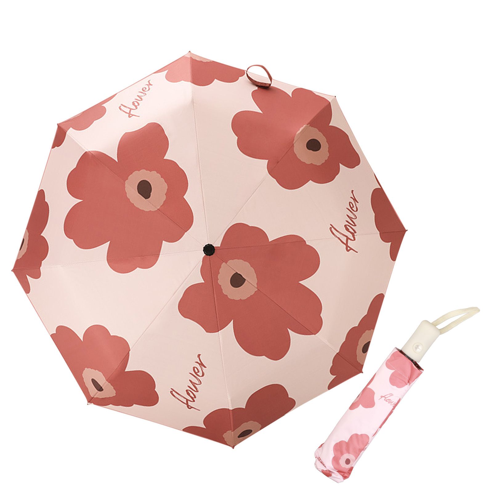 Flower Pattern Folding Umbrella UV Protection Foldable Rain Shine Dual Use Sun Umbrella for Travelling Red - Image 2