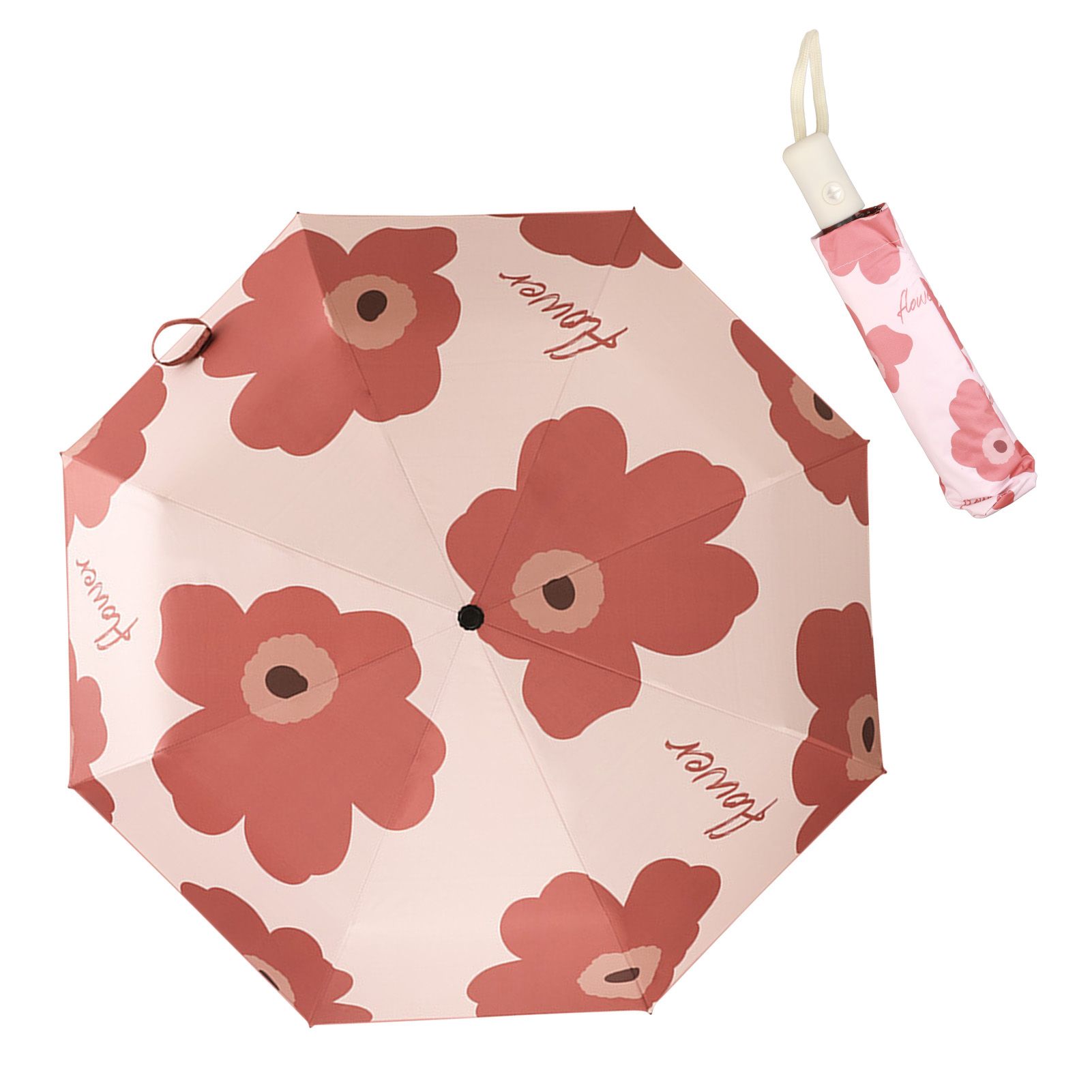 Flower Pattern Folding Umbrella UV Protection Foldable Rain Shine Dual Use Sun Umbrella for Travelling Red - Image 3