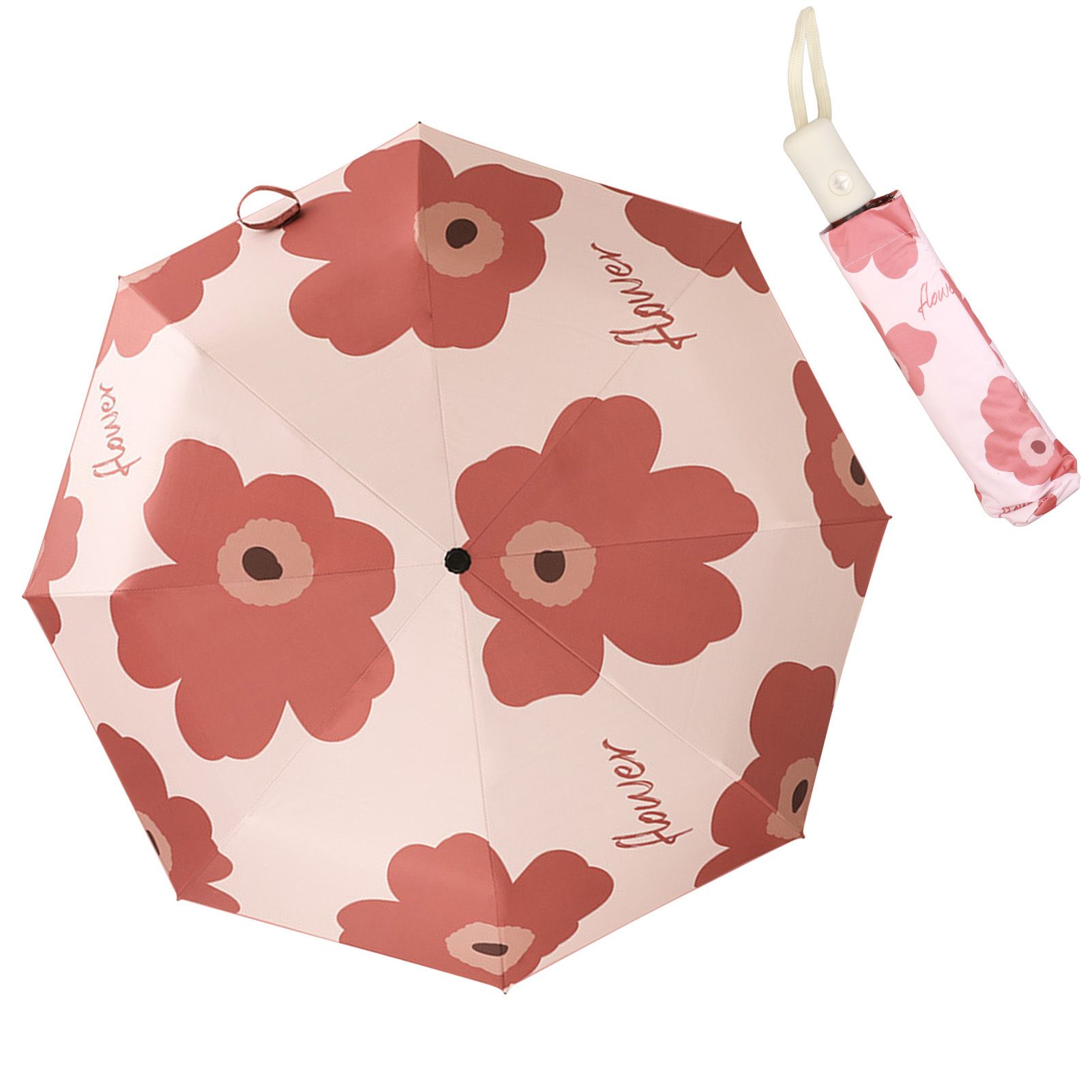 Flower Pattern Folding Umbrella UV Protection Foldable Rain Shine Dual Use Sun Umbrella for Travelling Red - Image 4