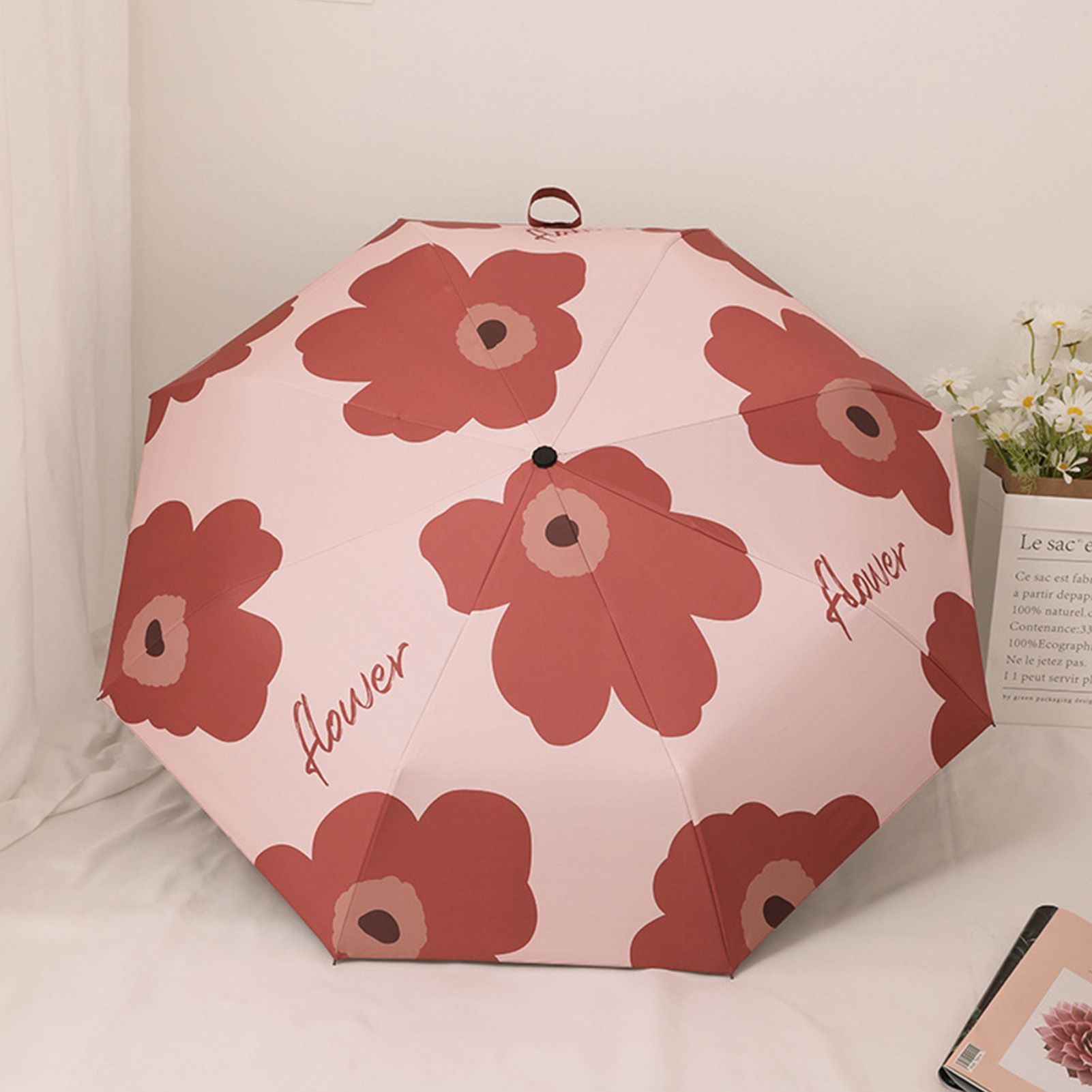 Flower Pattern Folding Umbrella UV Protection Foldable Rain Shine Dual Use Sun Umbrella for Travelling Red - Image 5