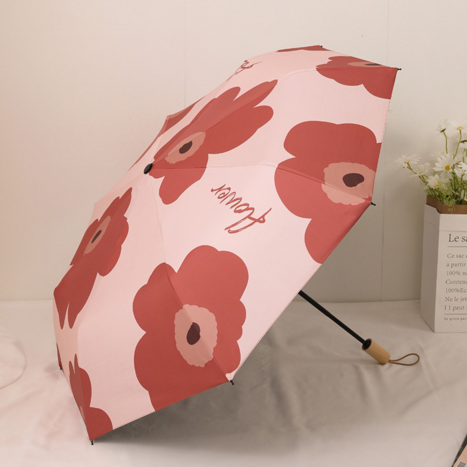 Flower Pattern Folding Umbrella UV Protection Foldable Rain Shine Dual Use Sun Umbrella for Travelling Red - Image 6