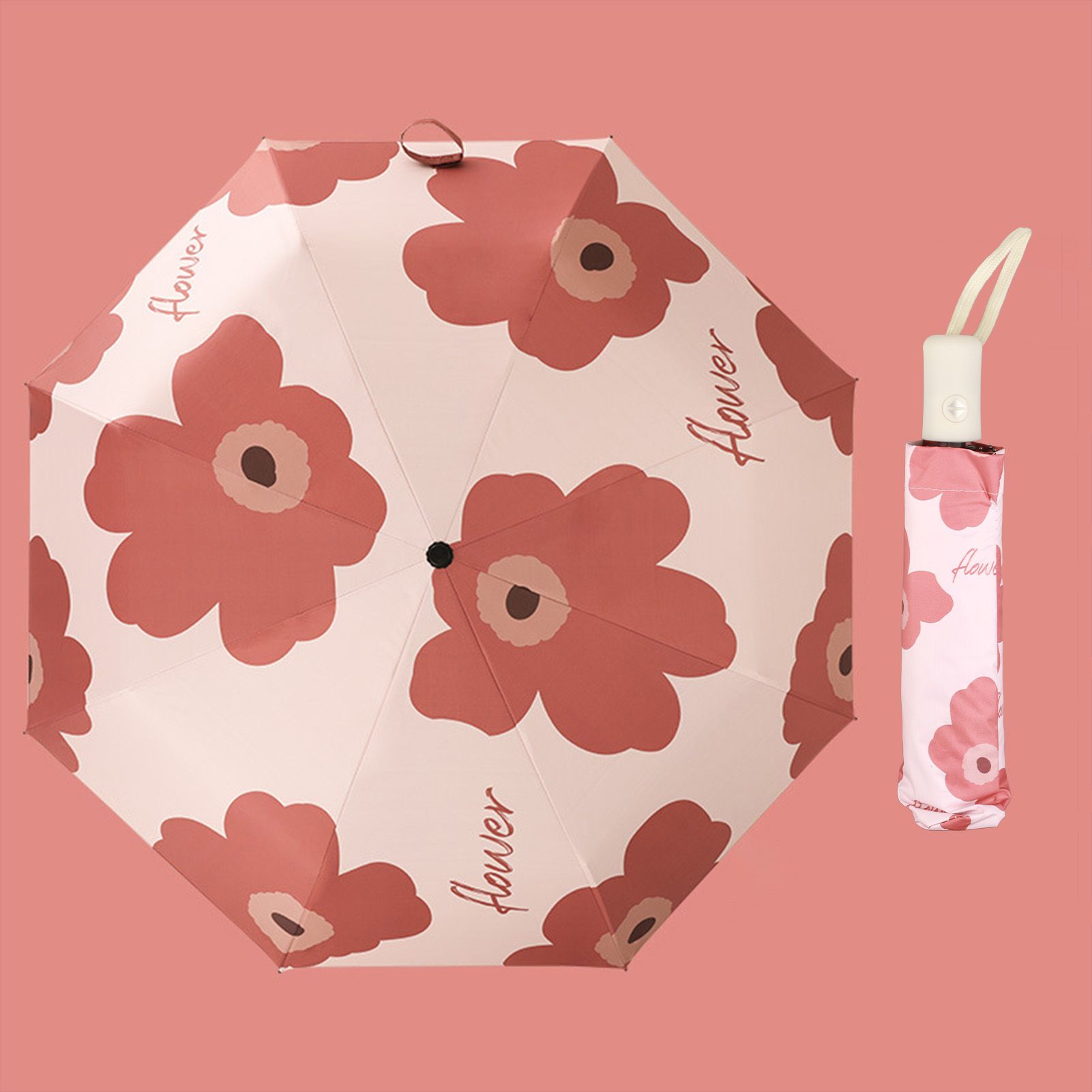 Flower Pattern Folding Umbrella UV Protection Foldable Rain Shine Dual Use Sun Umbrella for Travelling Red - Image 7
