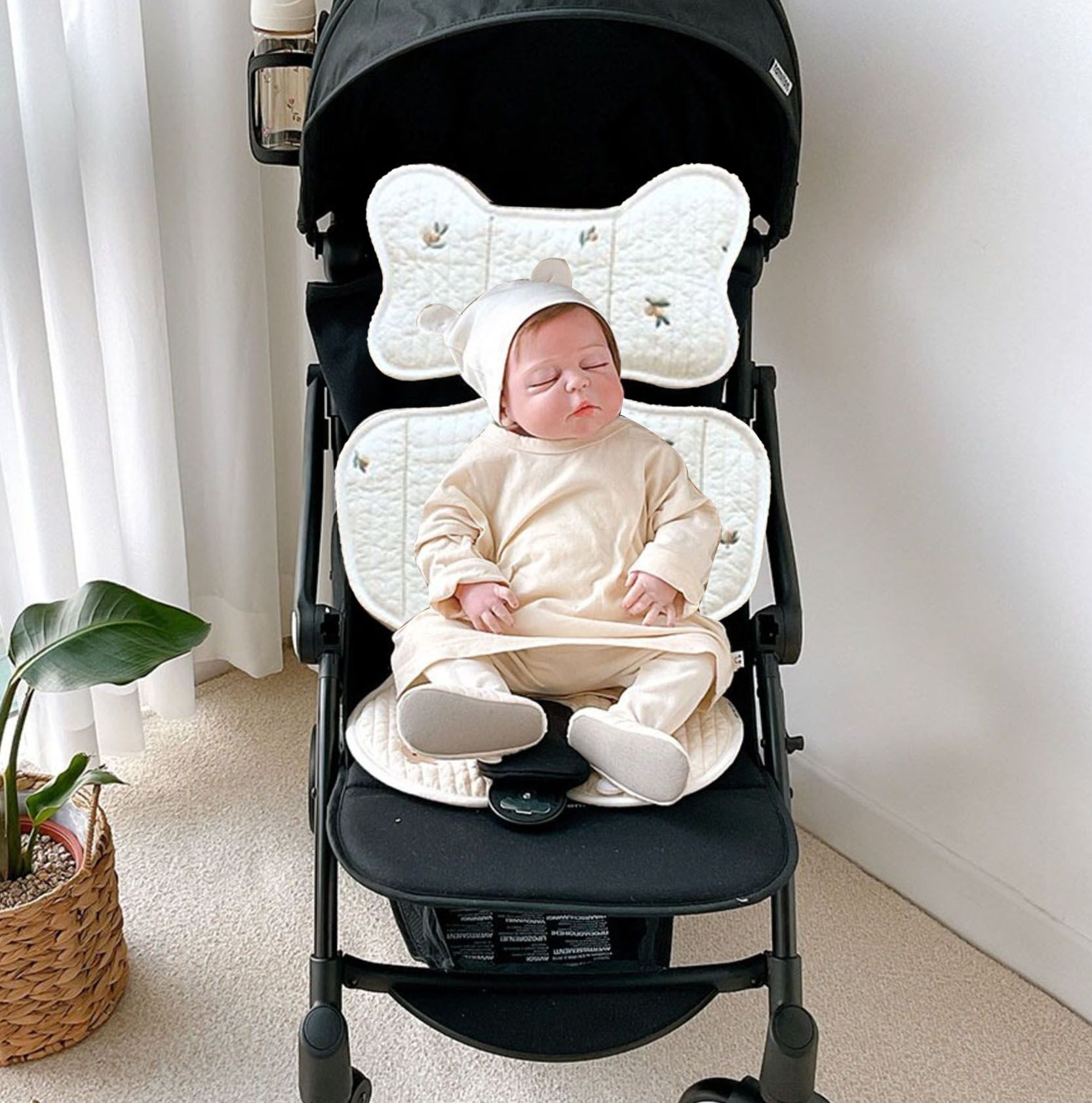 Soft Baby Stroller Seat Cushion Breathable Pure Cotton Infant Car Seat Head Neck Body Support Thin Style Olive - Image 7