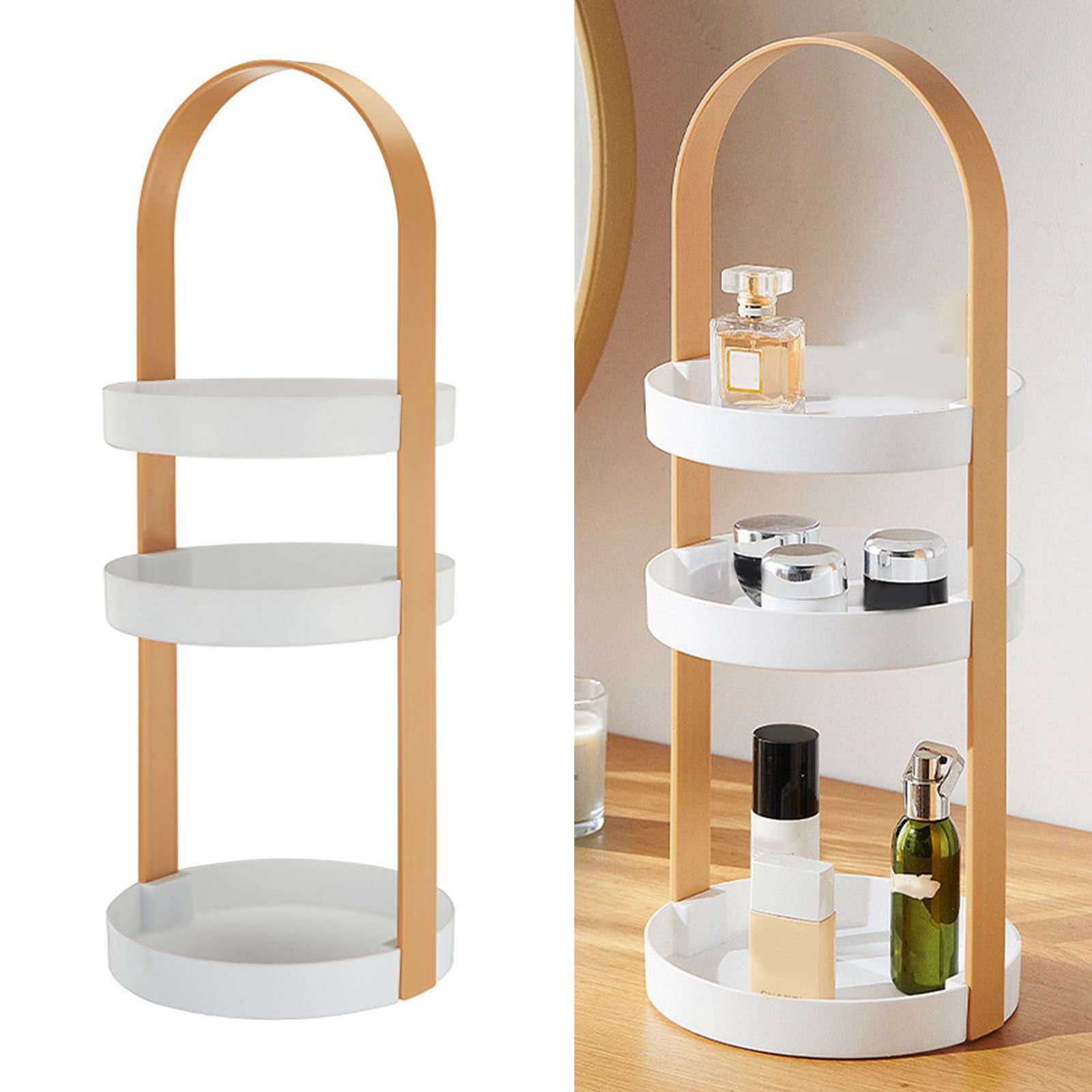 3 Layers Round Storage Rack Integral Handle 3 Layer Storage Round Stand for Bathroom Apricot - Image 5