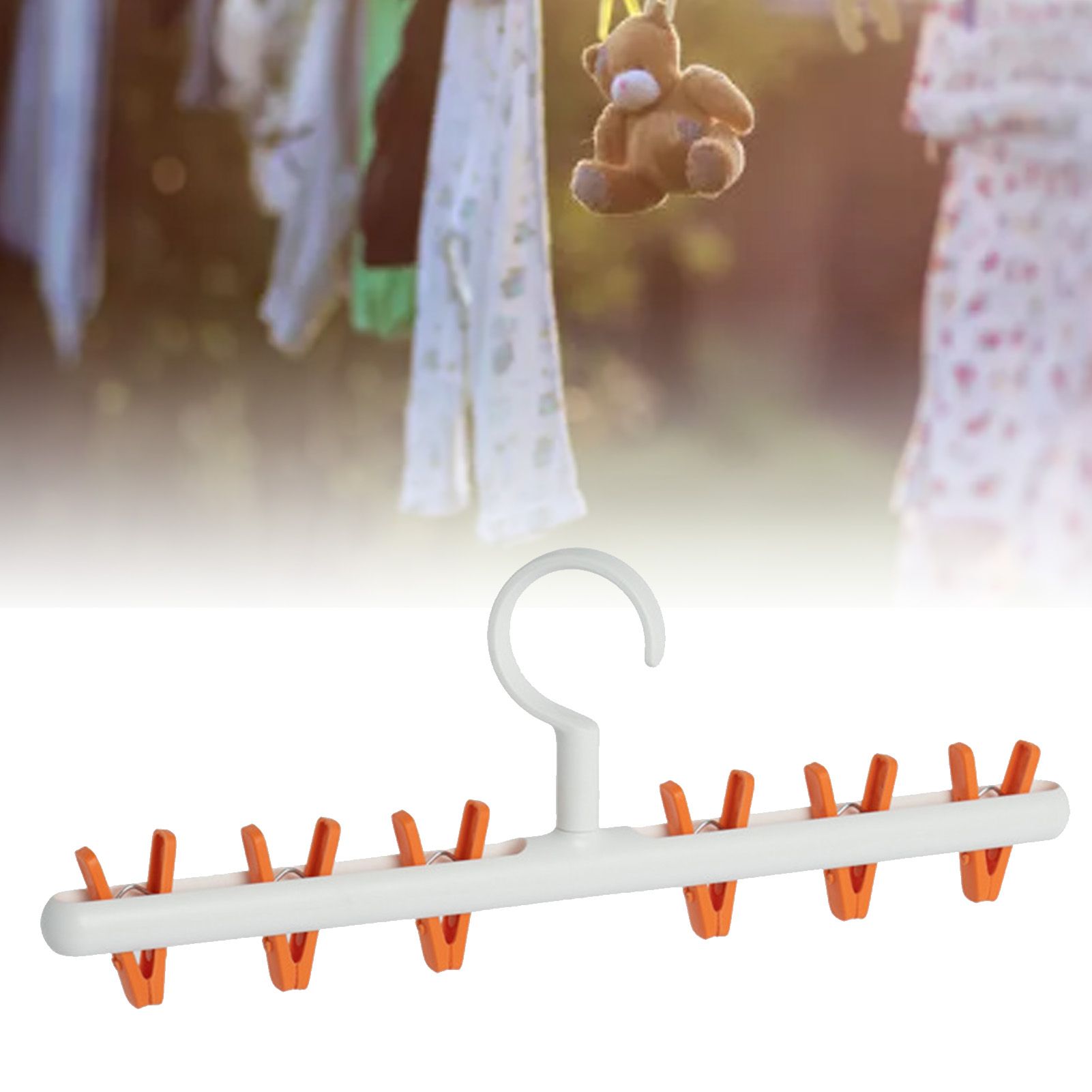Plastic Sock Clips Drying Rack 6 Clips Prevent Tangle 360 Degree Rotatable Multifunctional Laundry Hanger for Home White Orange - Image 6